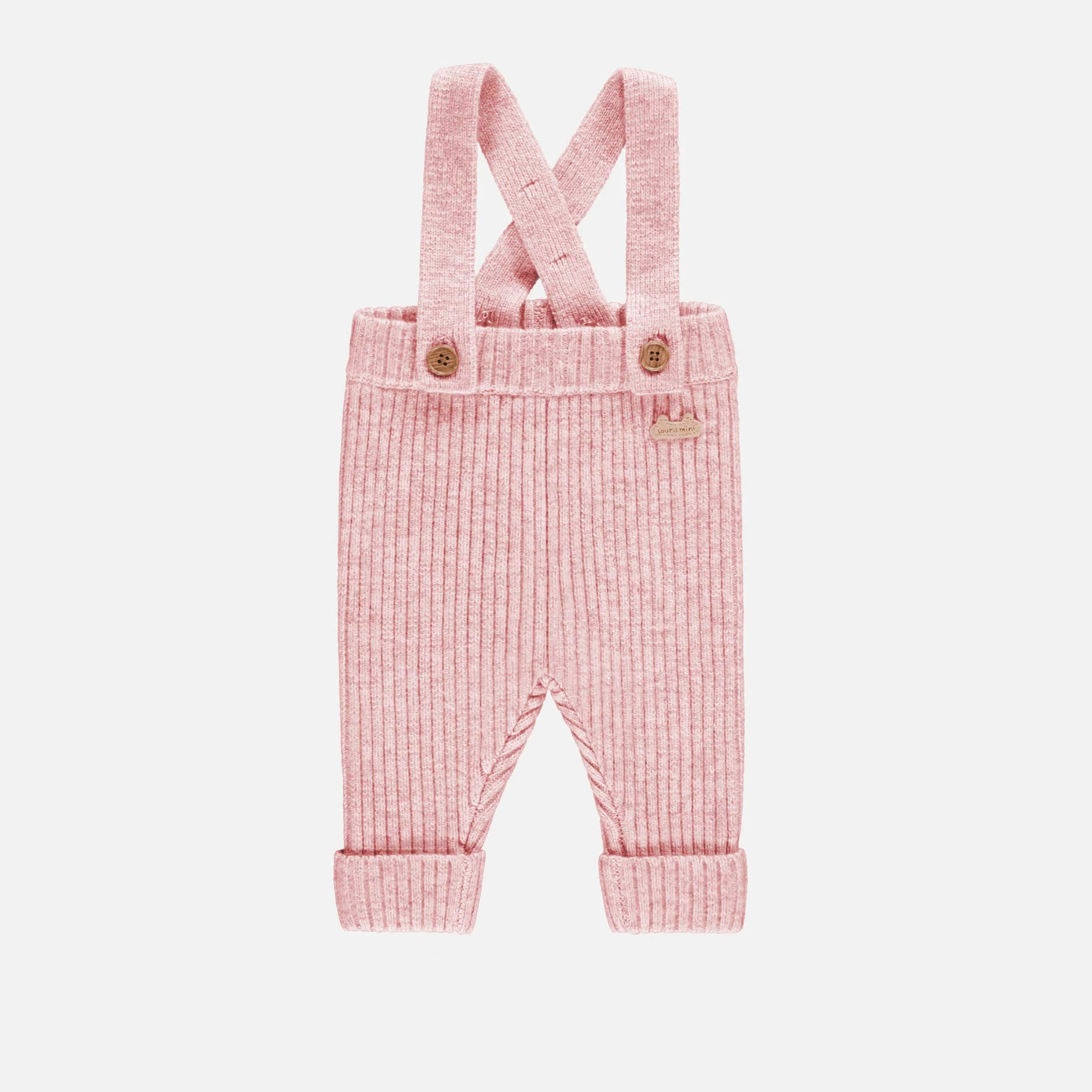 Pantalon en tricot rose chiné à bretelles effet angora, naissance