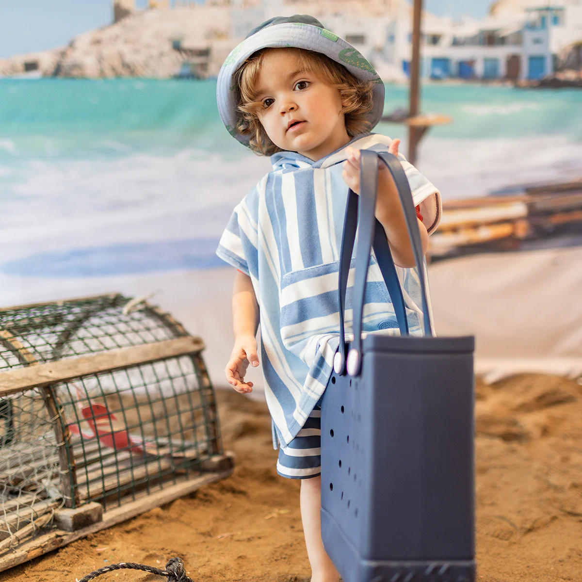 Poncho de plage blanc à rayures bleues, bébé - Image 3