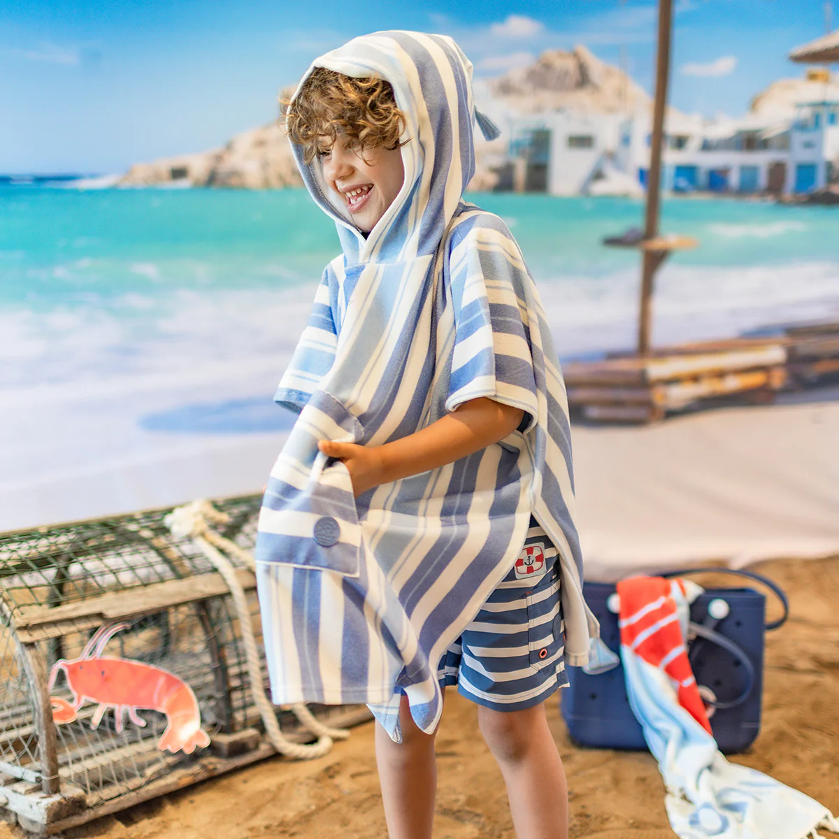 Poncho de plage blanc à rayures bleues, enfant - Image 2