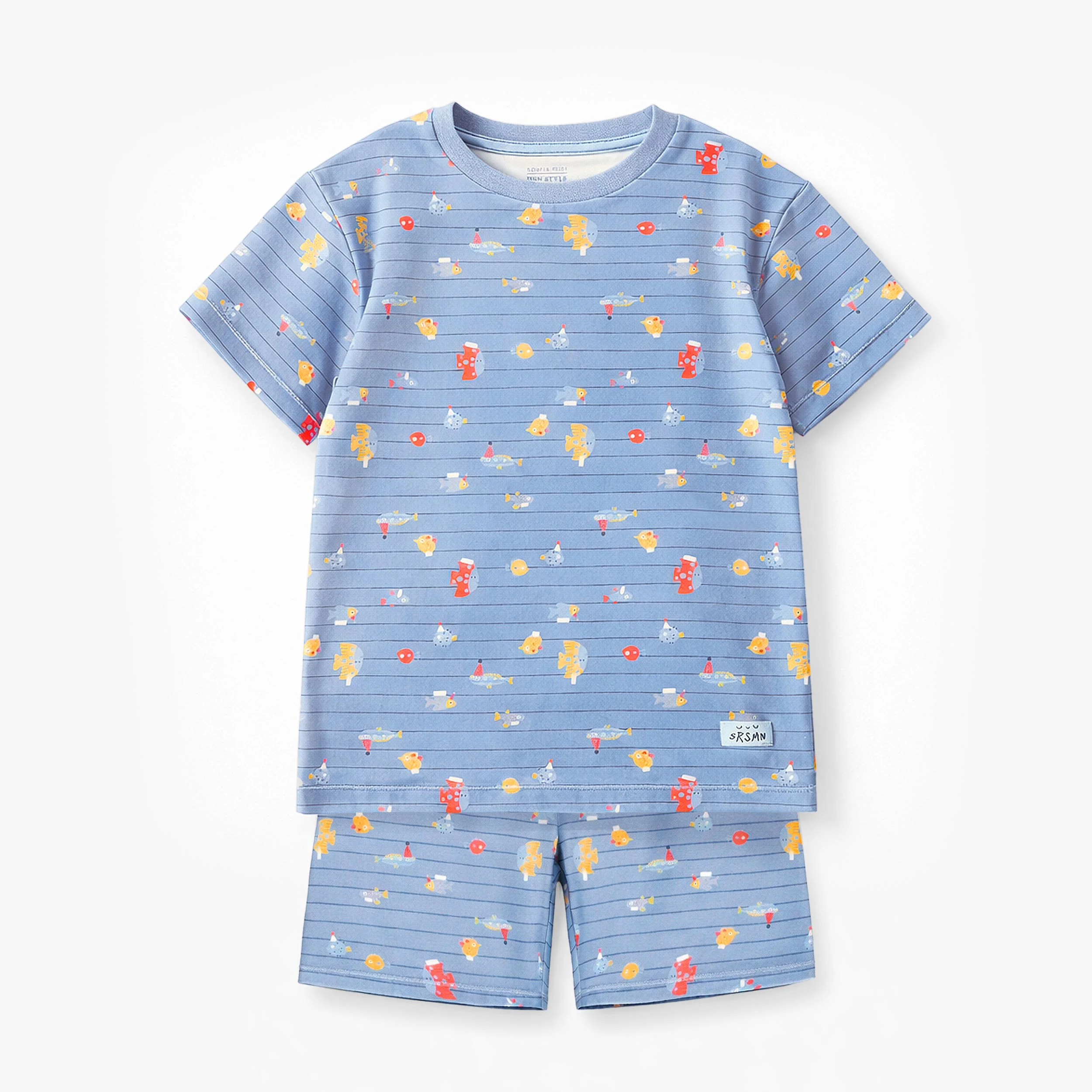 Pyjama deux pièces bleu à rayures et motifs de poisson, enfant