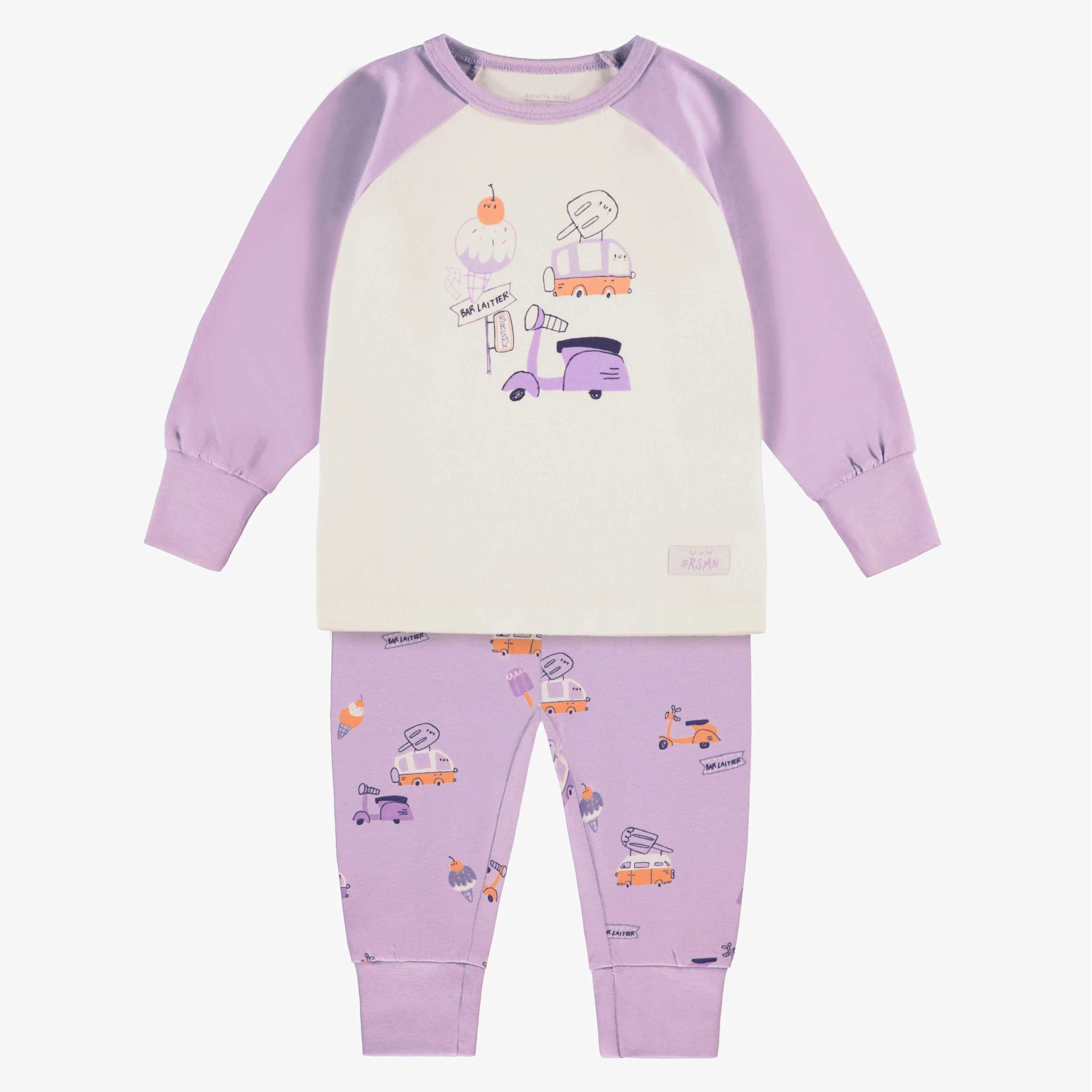 Pyjama deux pièces lilas et crème à motifs et illustration, bébé