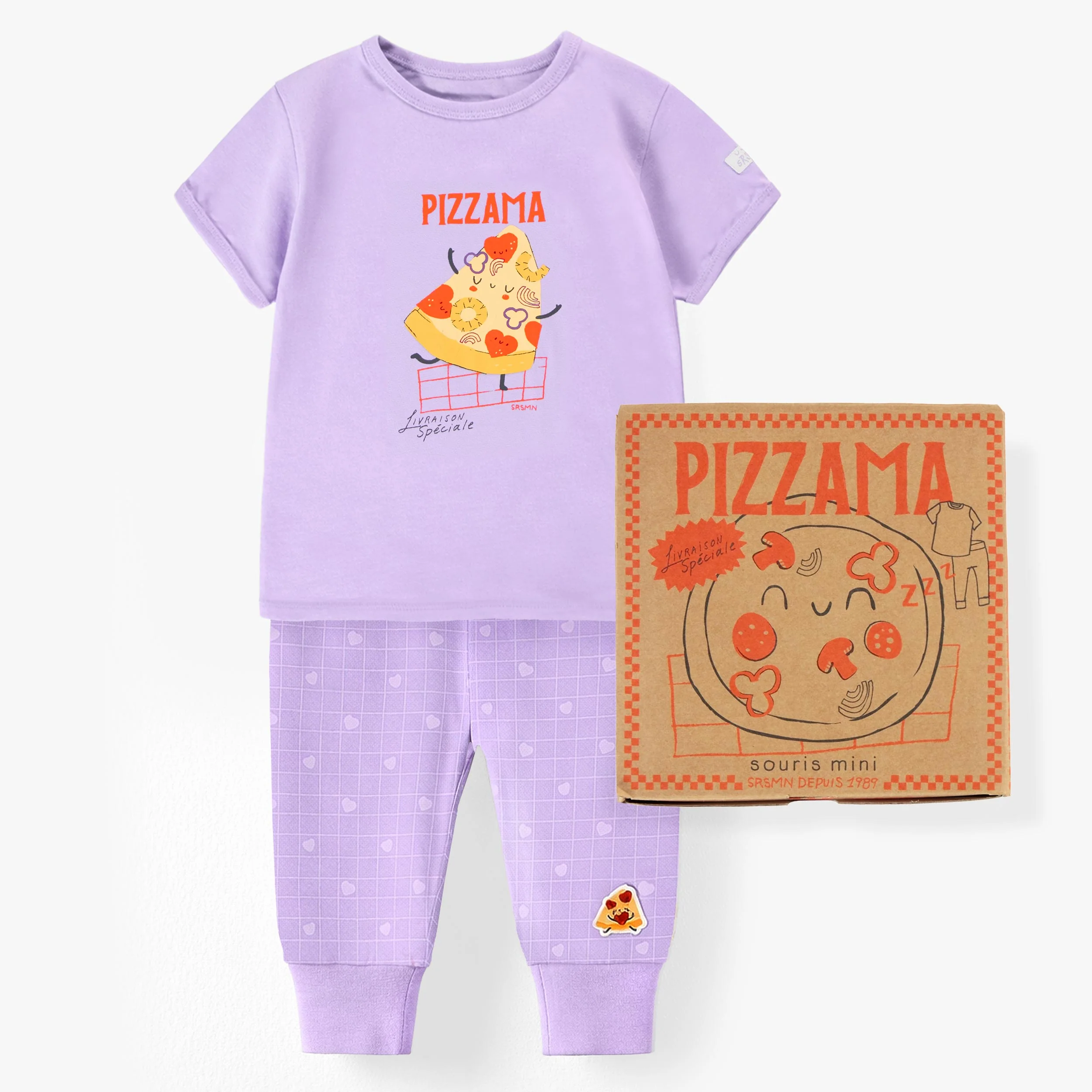 Pyjama deux pièces mauve à motifs de pizzas, bébé