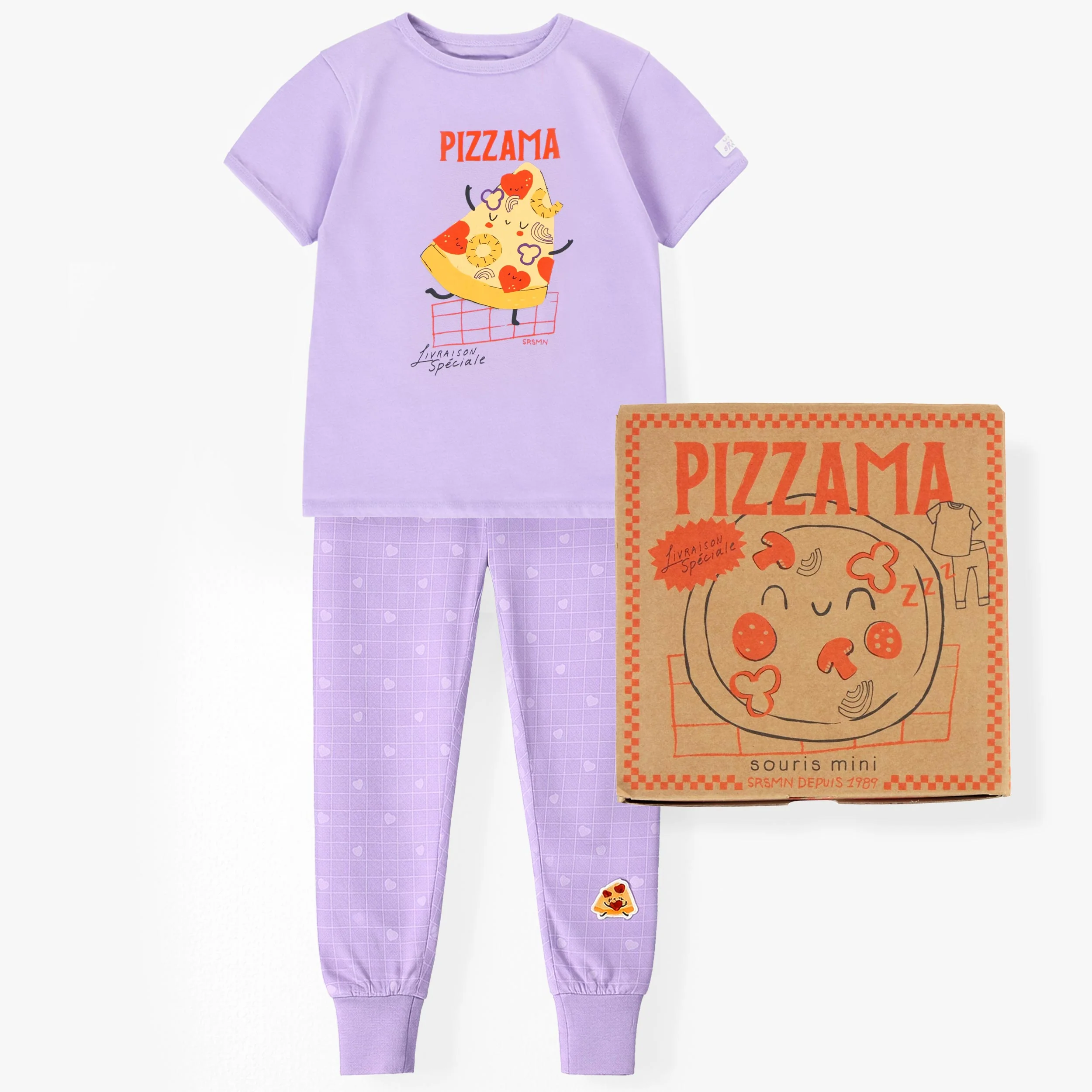 Pyjama deux pièces mauve à motifs de pizzas, enfant