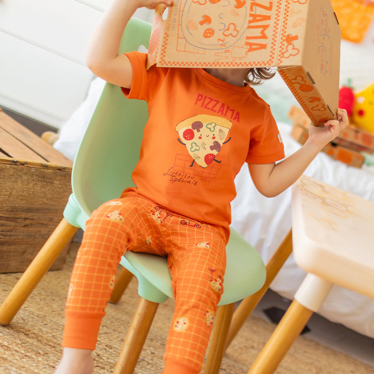 Pyjama deux pièces orange à motifs de pizzas, bébé - Image 3