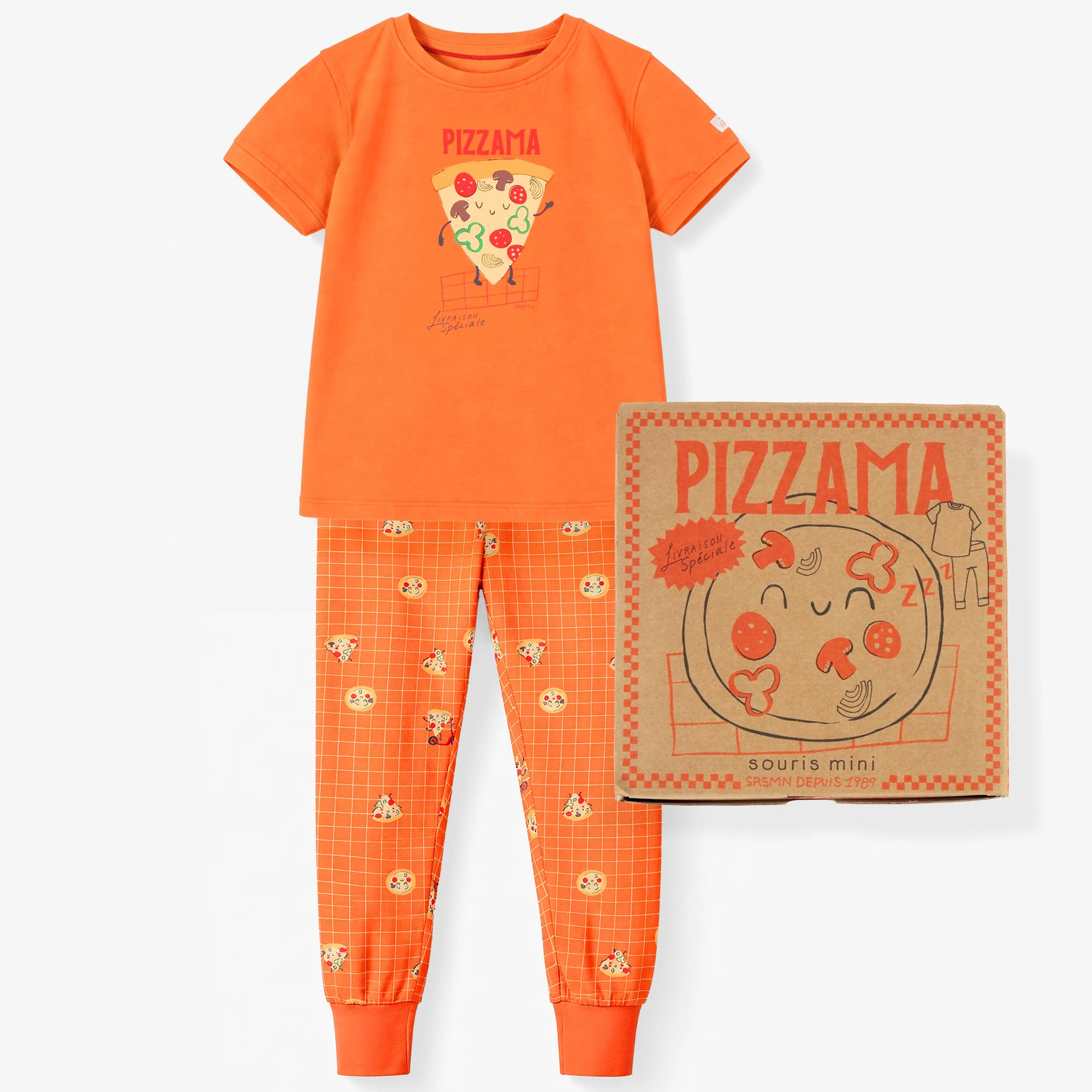 Pyjama deux pièces orange à motifs de pizzas, enfant