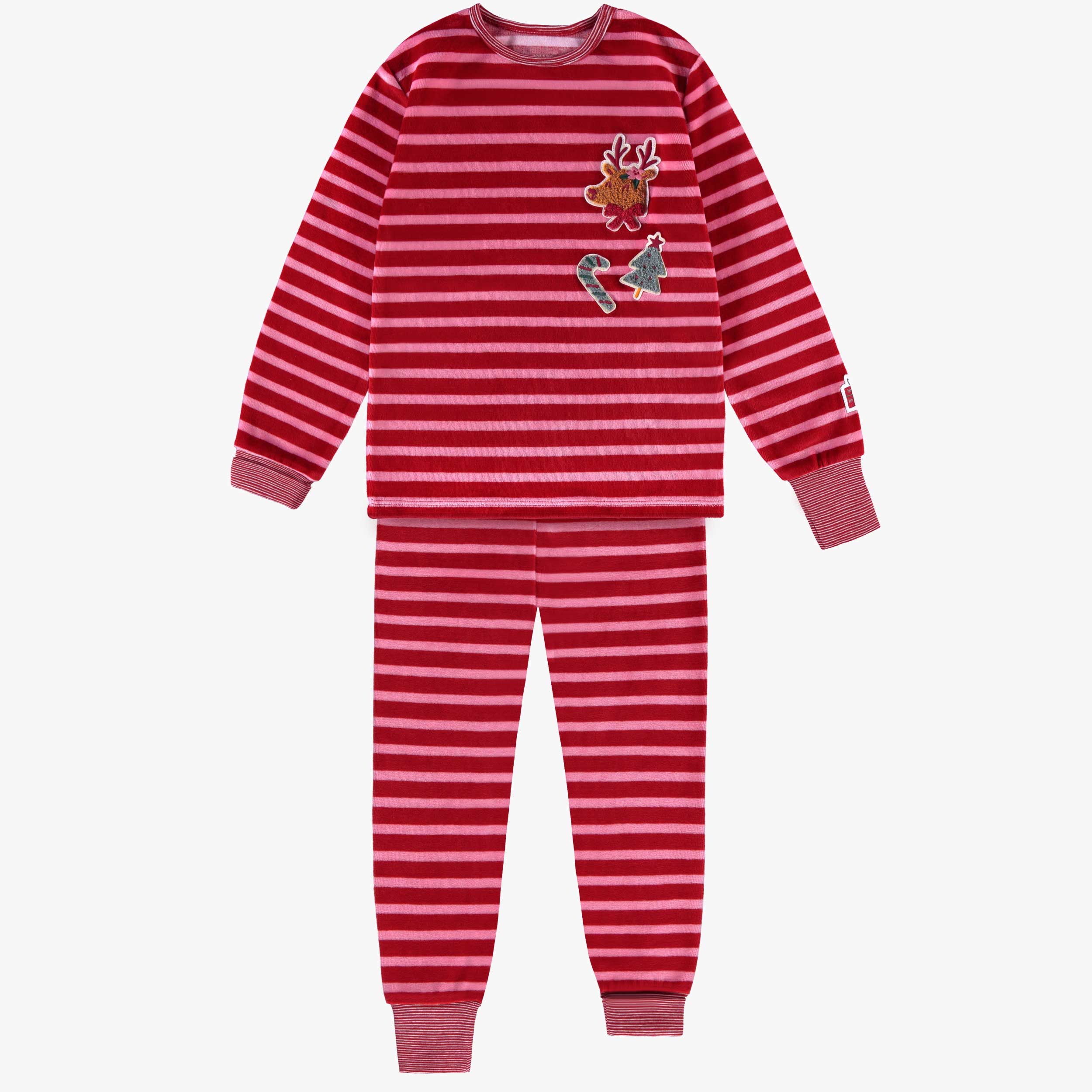 Pyjama deux pièces en velours rose et rouge à rayures, enfant