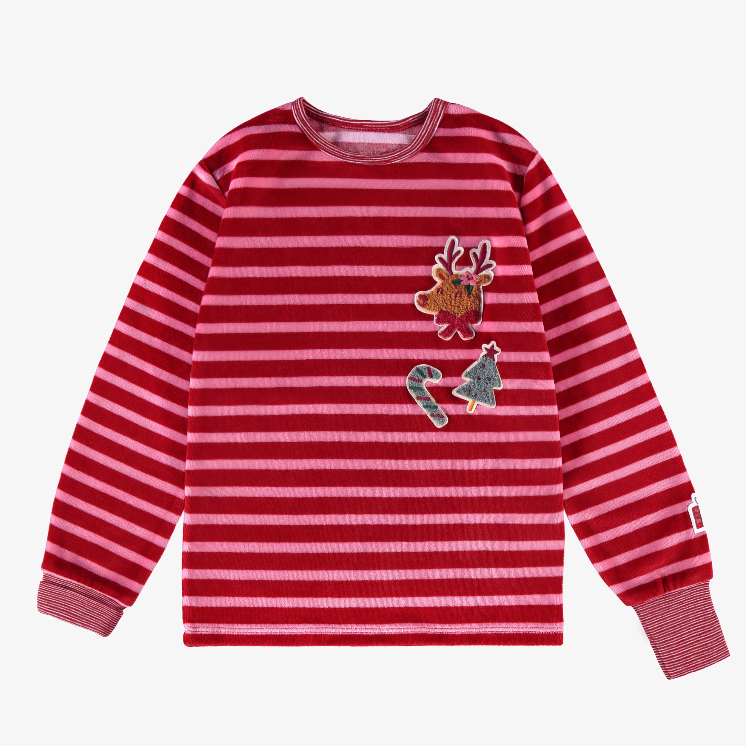 Pyjama deux pièces en velours rose et rouge à rayures, enfant - Image 5