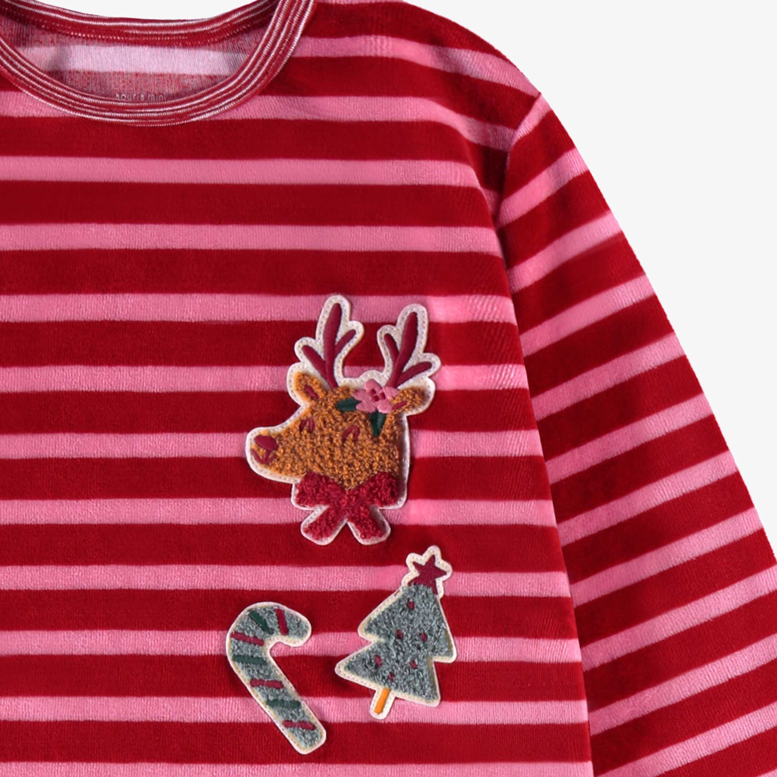 Pyjama deux pièces en velours rose et rouge à rayures, enfant - Image 7