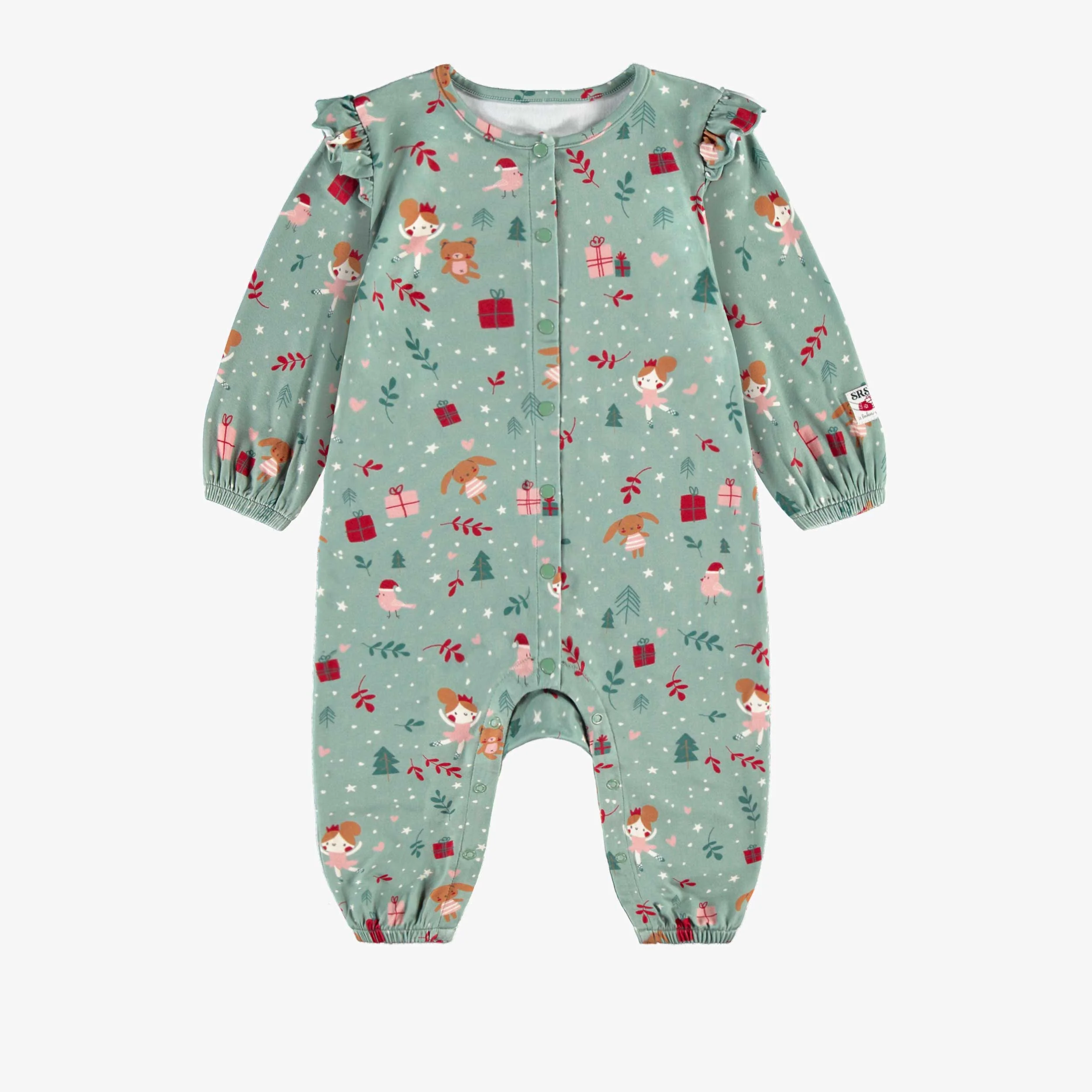 Pyjama une pièce des fêtes vert en polyester brossé à motifs de ballerines, bébé