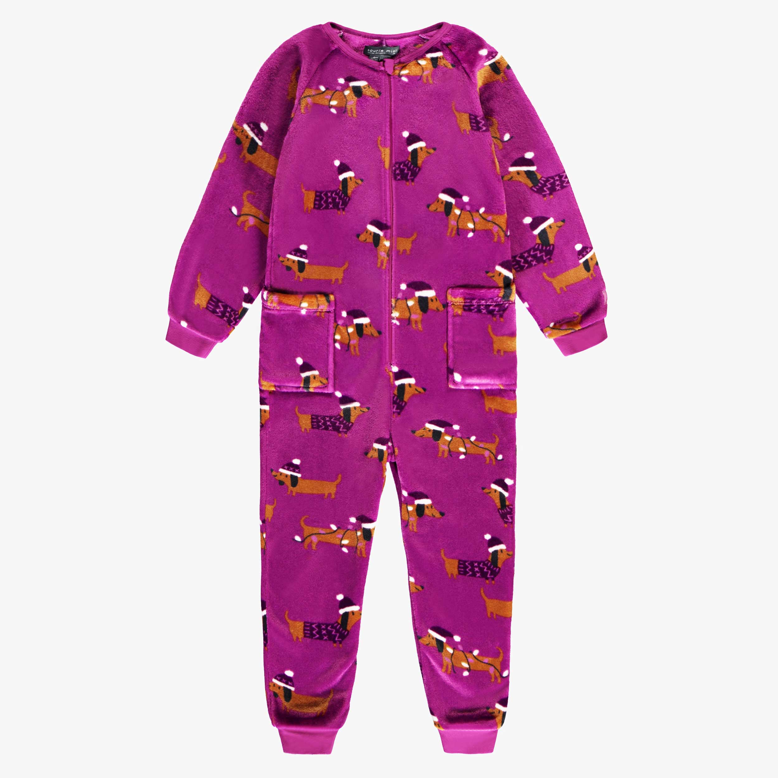 Pyjama une pièce en peluche mauve à motifs de chiens, enfant