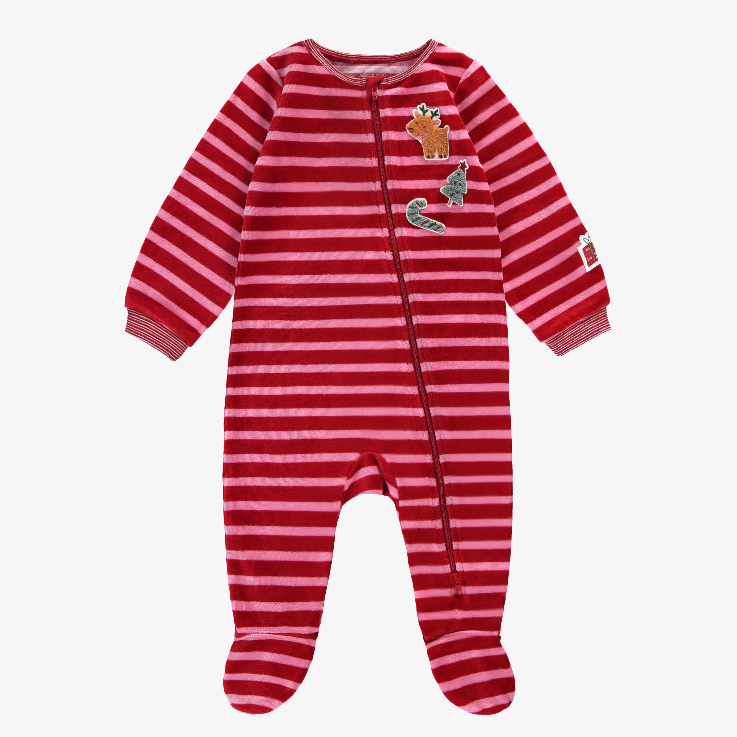 Pyjama une pièce en velours rose et rouge à rayures, bébé