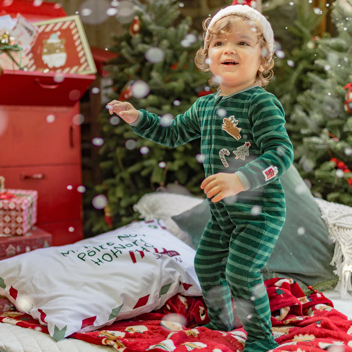 Pyjama une pièce en velours vert à rayures, bébé - Image 2
