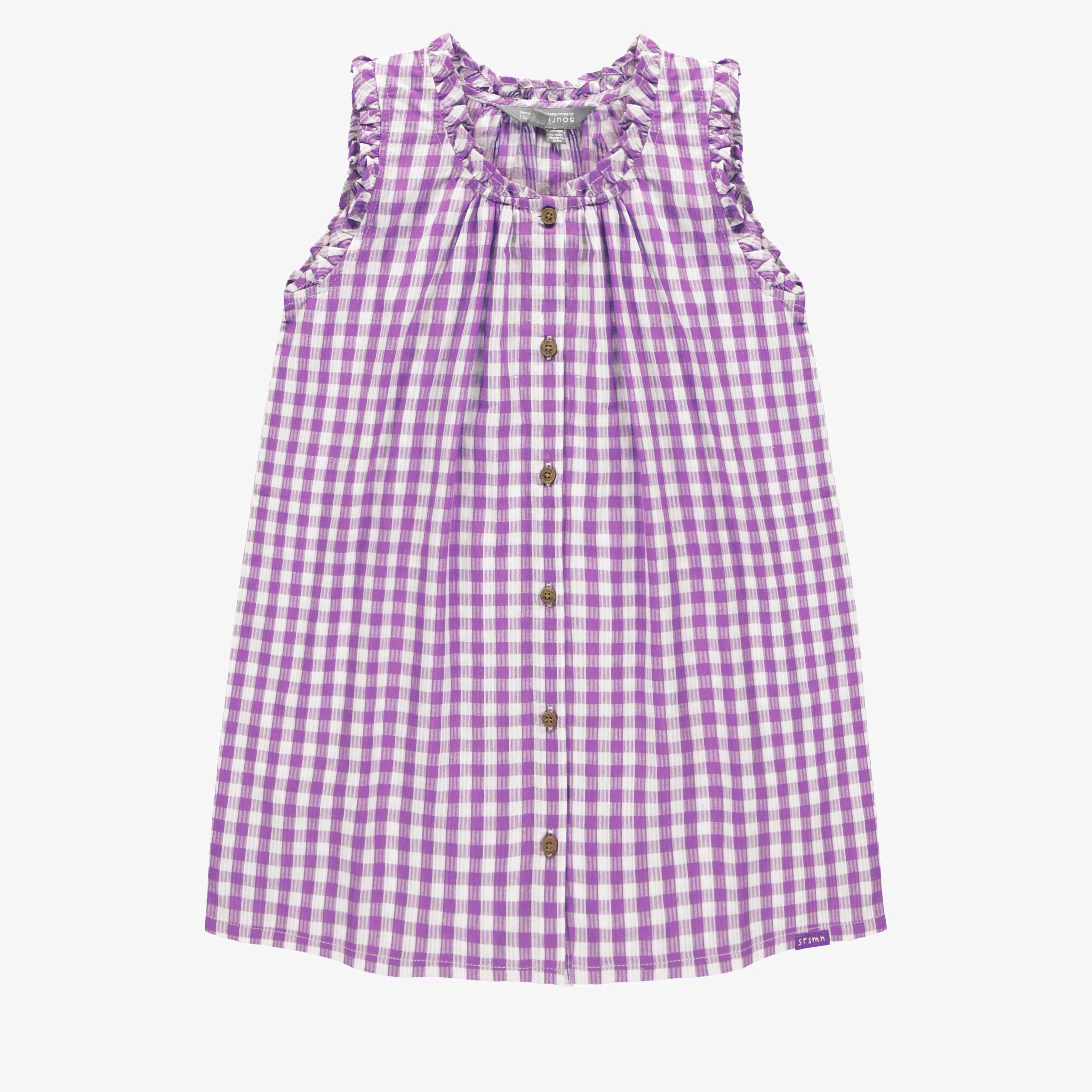 Robe à bretelles larges mauve et blanche à carreaux en seersucker, enfant
