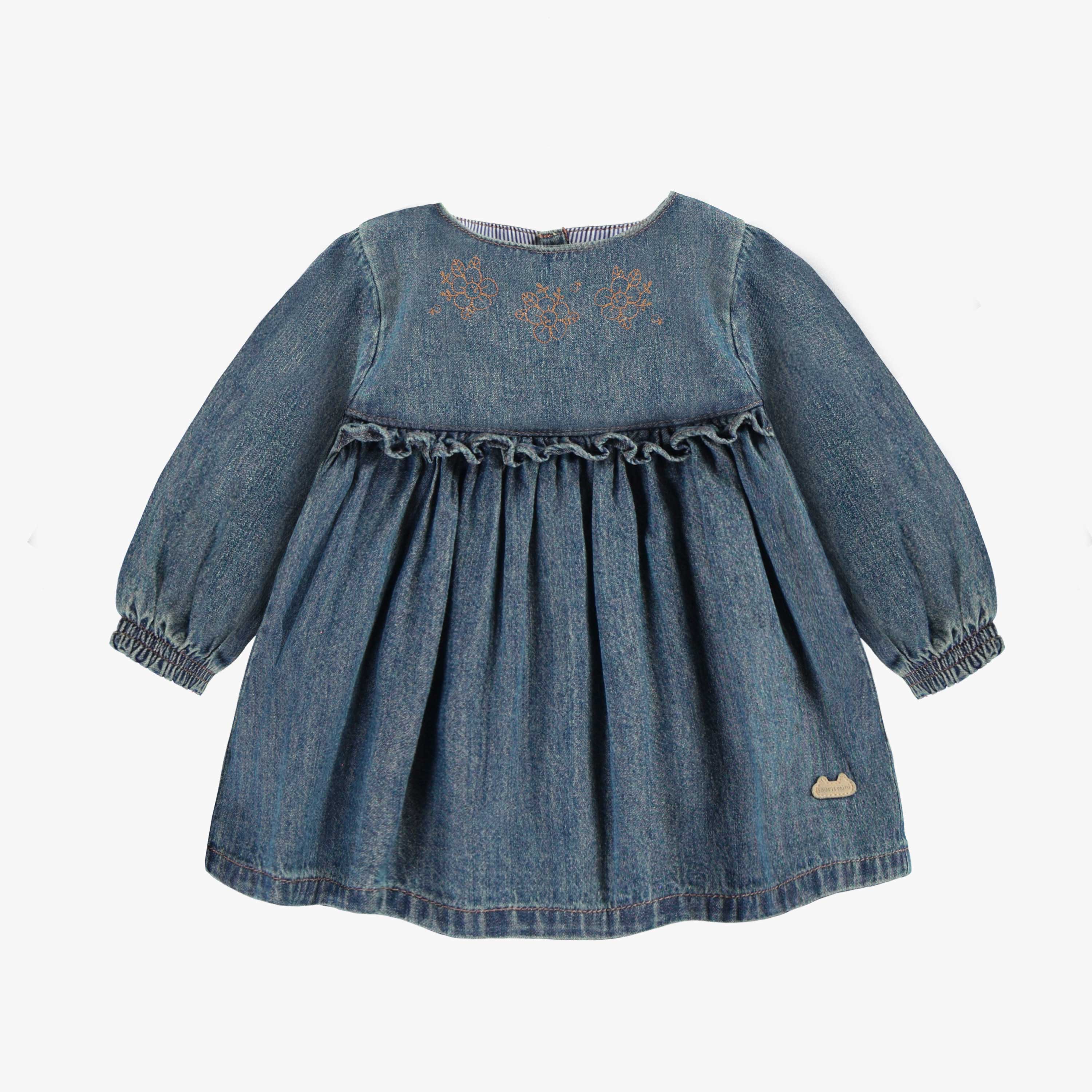 Robe coupe régulière/évasée à manches longues en denim bleu foncé, naissance