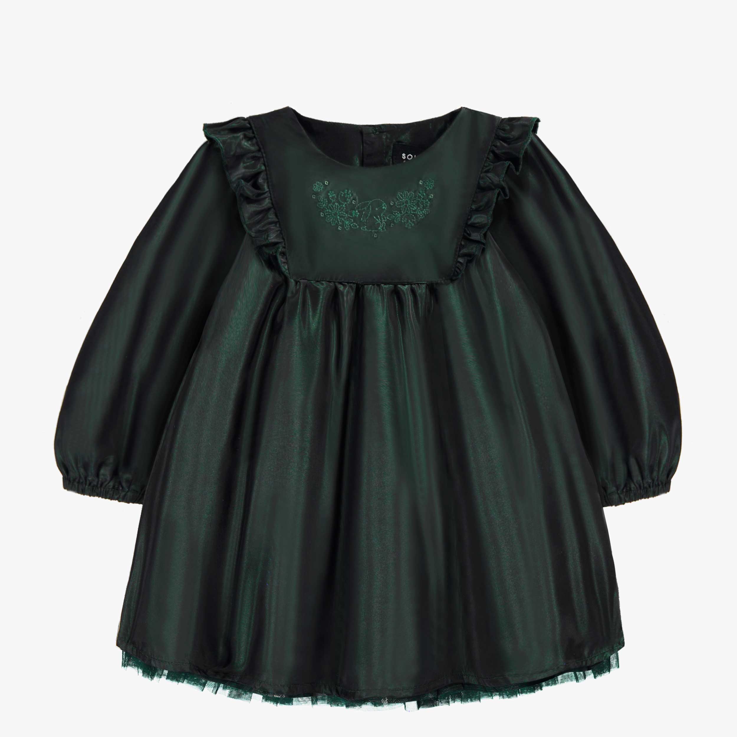 Robe émeraude en taffetas à manches longues avec volants, bébé