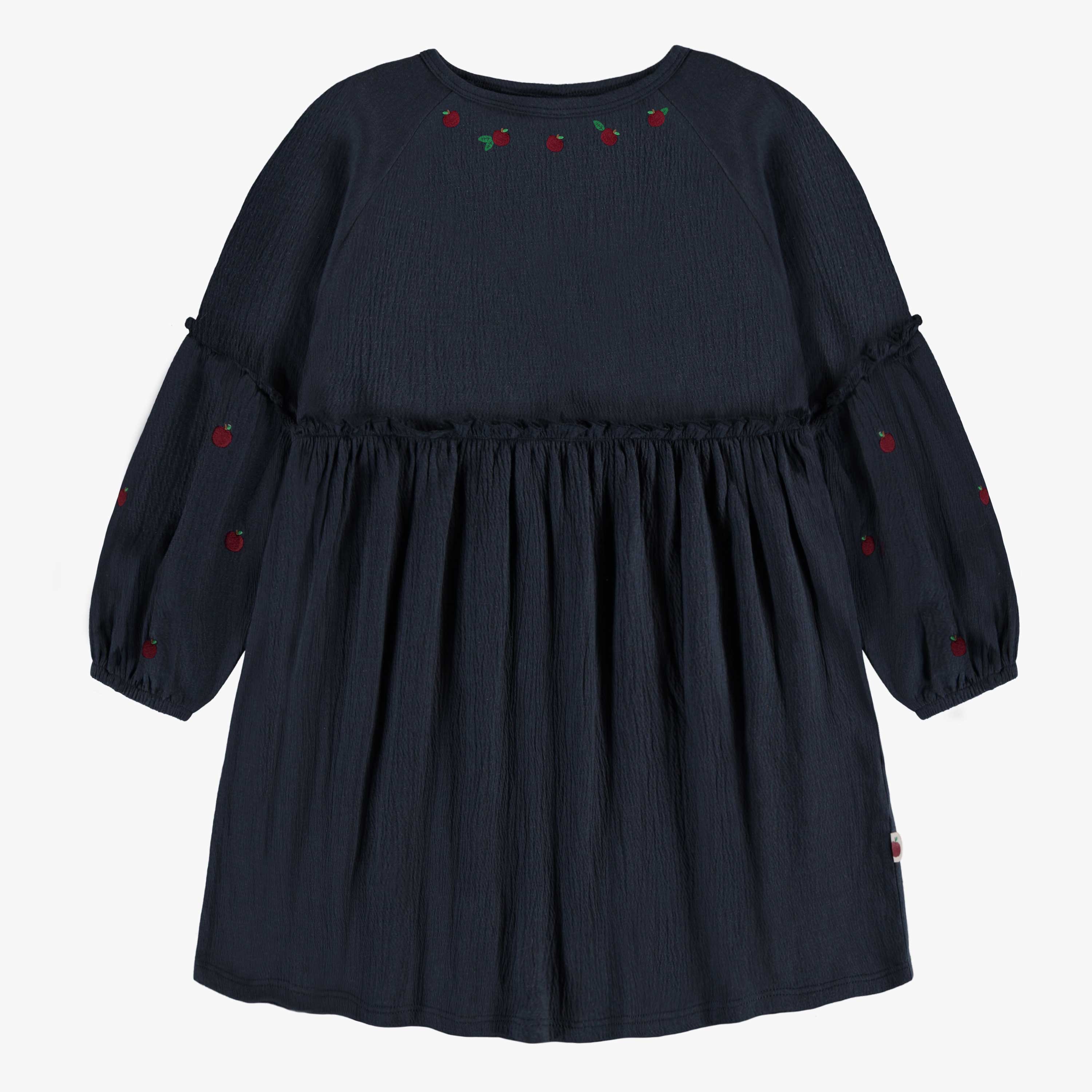 Robe marine de coupe décontractée et évasée à manches longues avec broderie de pommes en jersey crêp