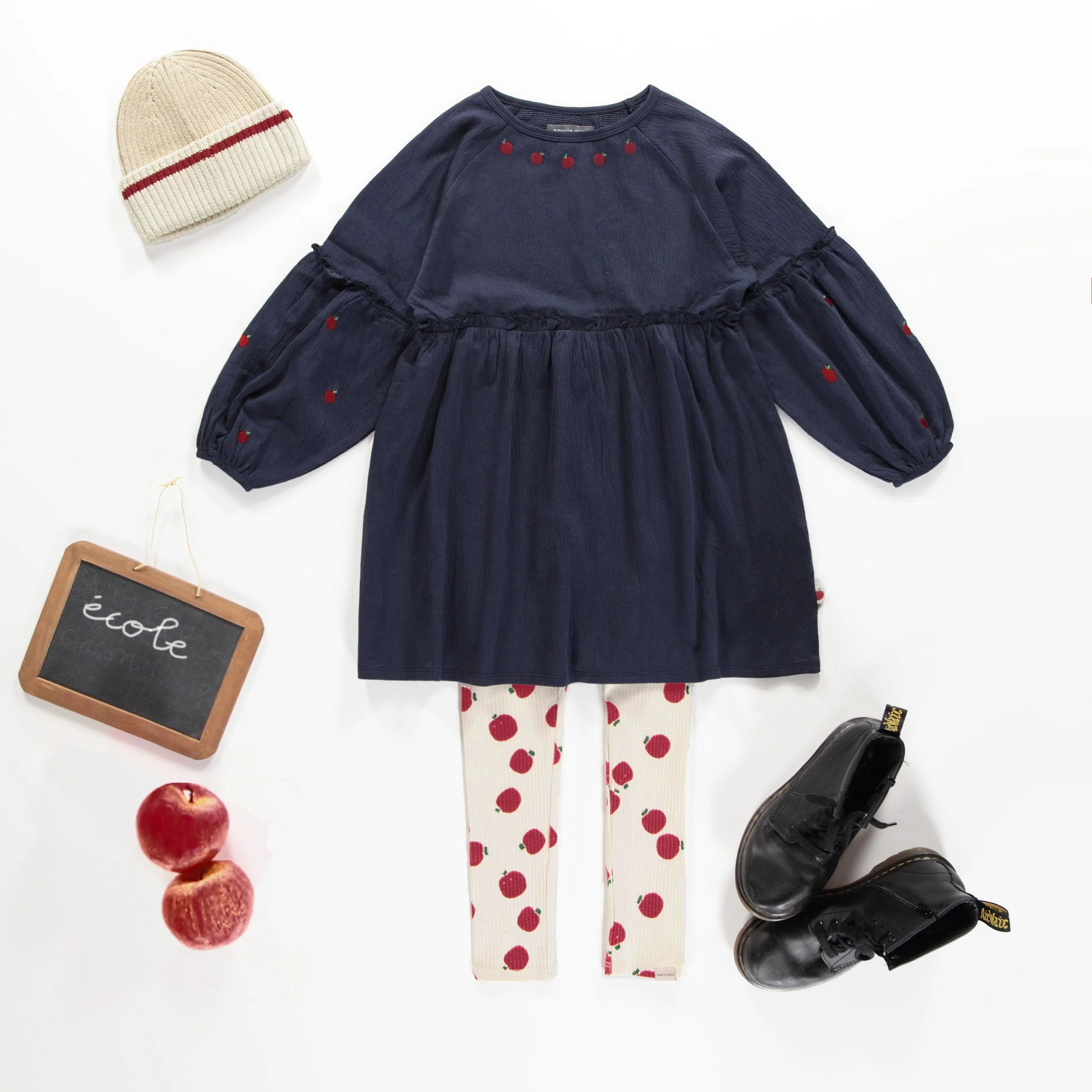 Robe marine de coupe décontractée et évasée à manches longues avec broderie de pommes en jersey crêp - Image 2