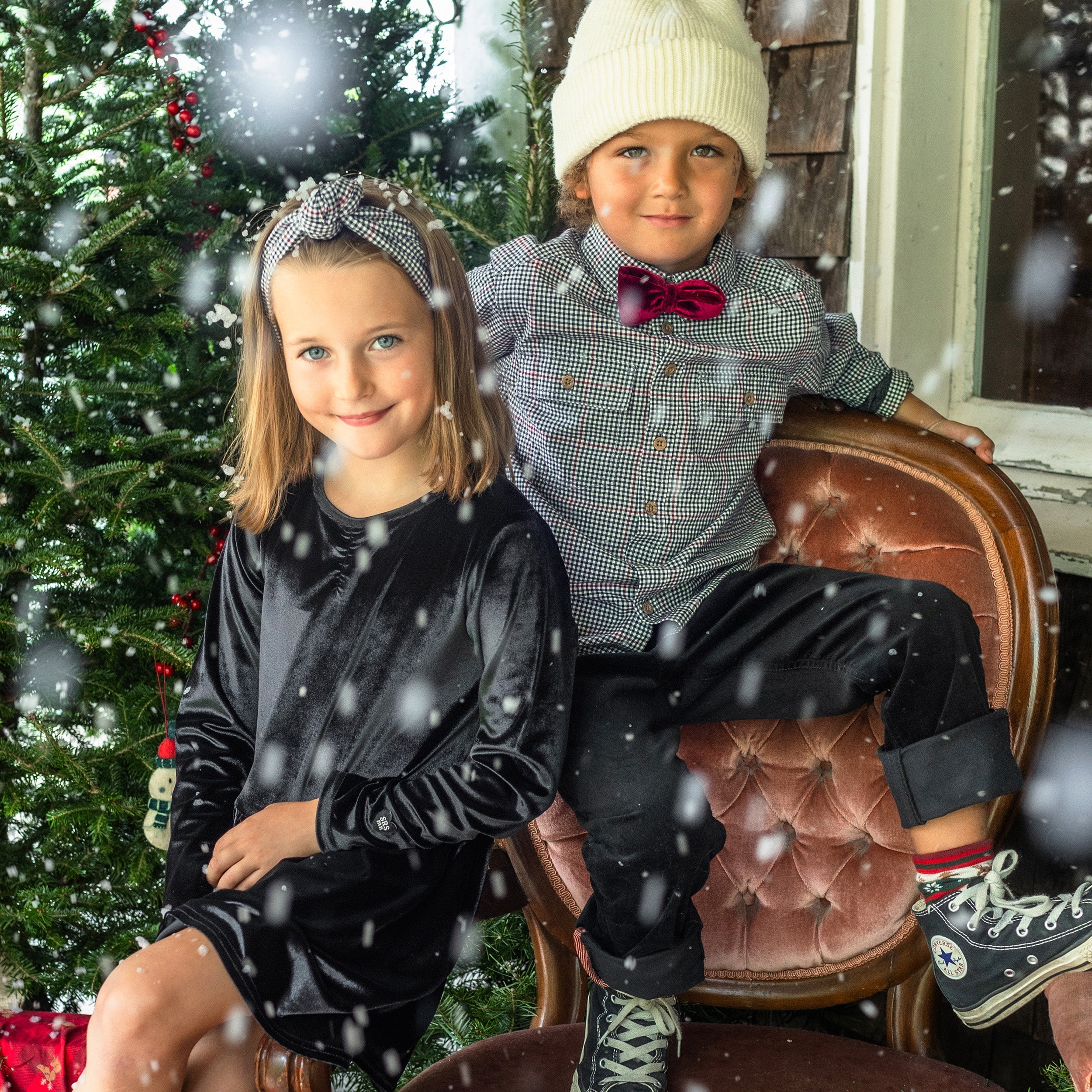 Robe noir à manches longues en velours avec fronces, enfant - Image 2