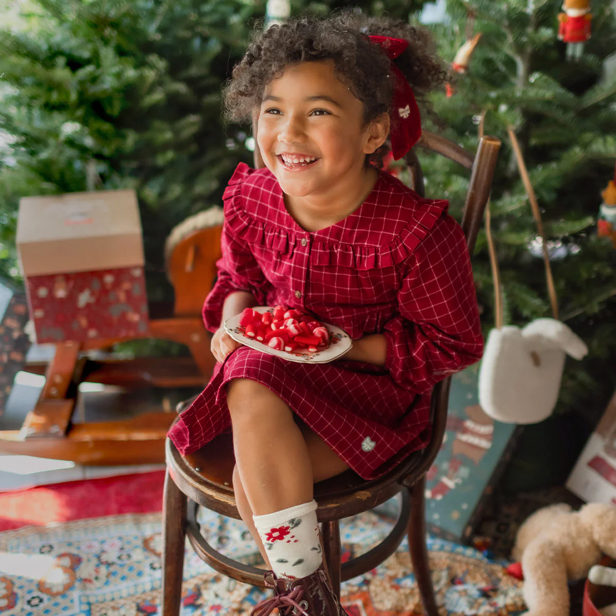 Robe rouge et blanche à carreaux en flanelle brossée, enfant - Image 2
