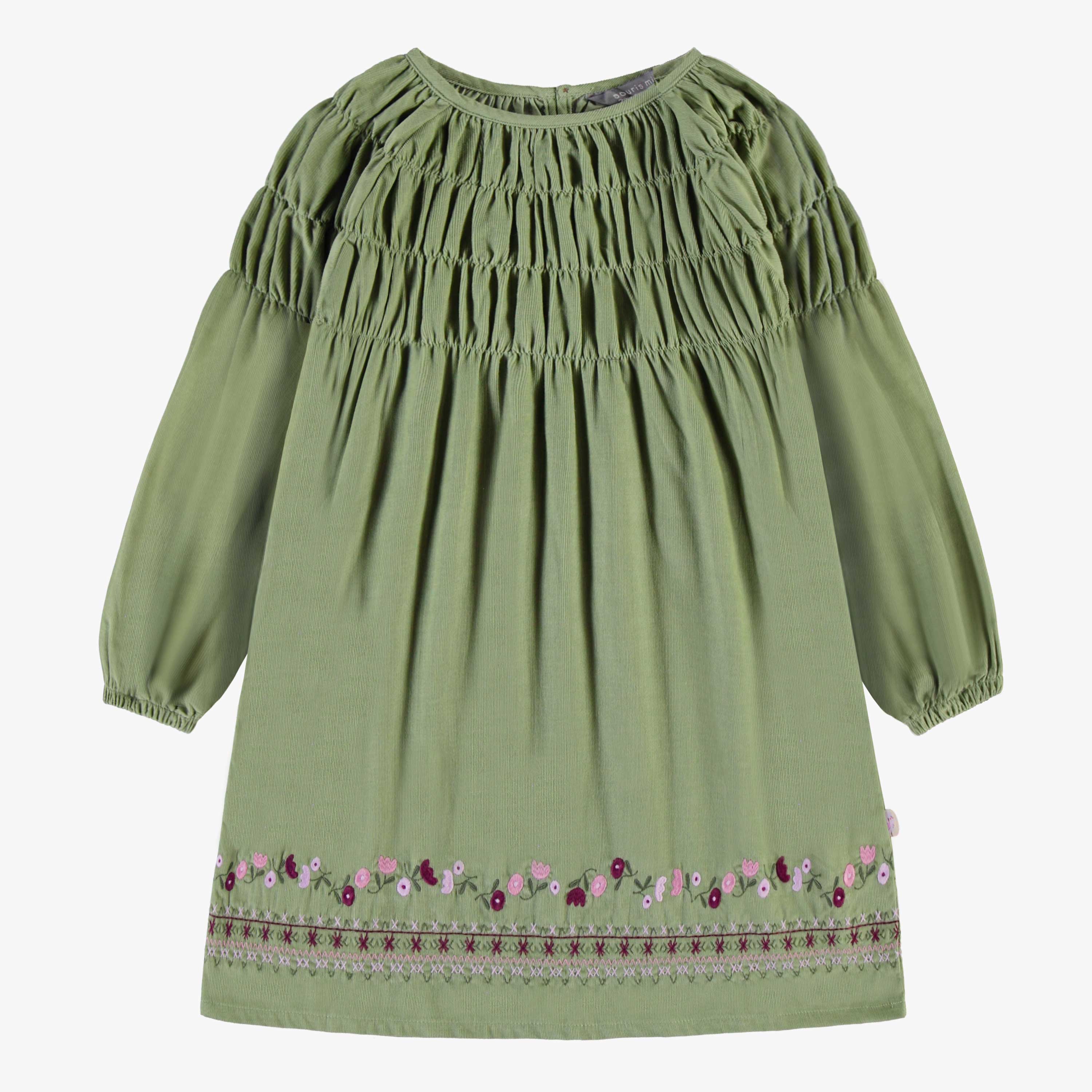 Robe vert olive avec fronces et broderies en corduroy, enfant
