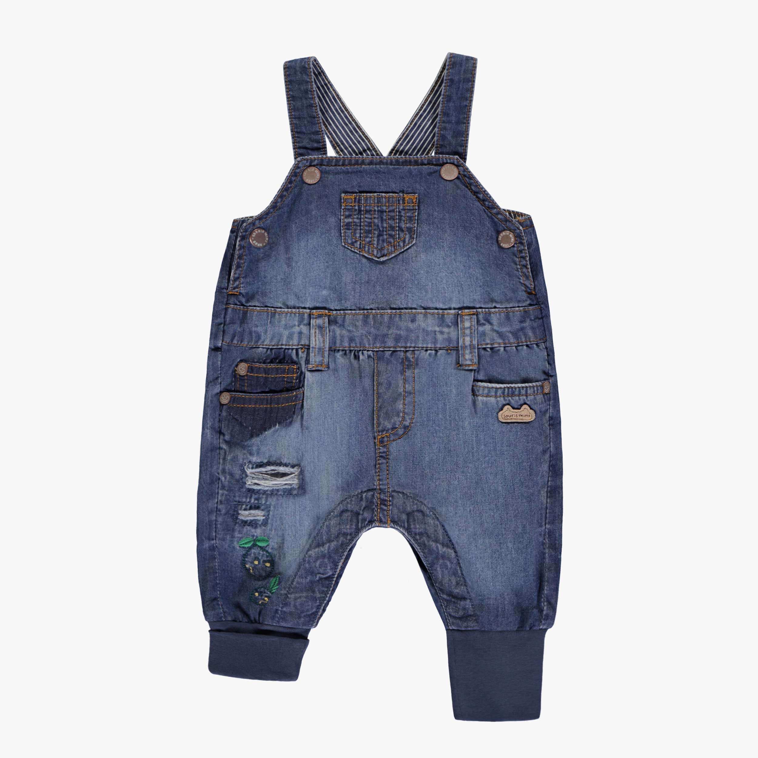 Salopette évolutive en denim bleu moyen à effet délavé, naissance