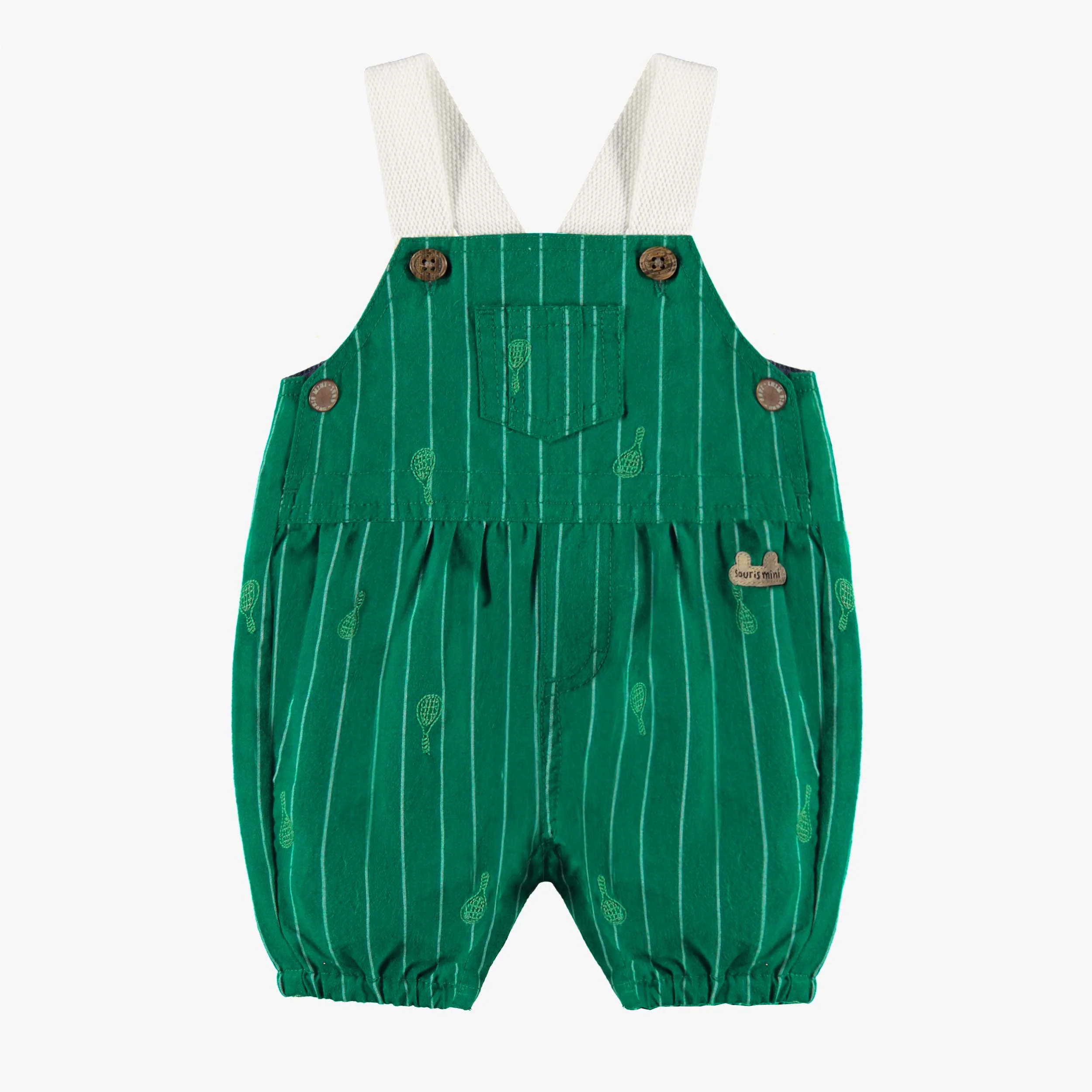 Salopette verte à rayures et motifs, naissance