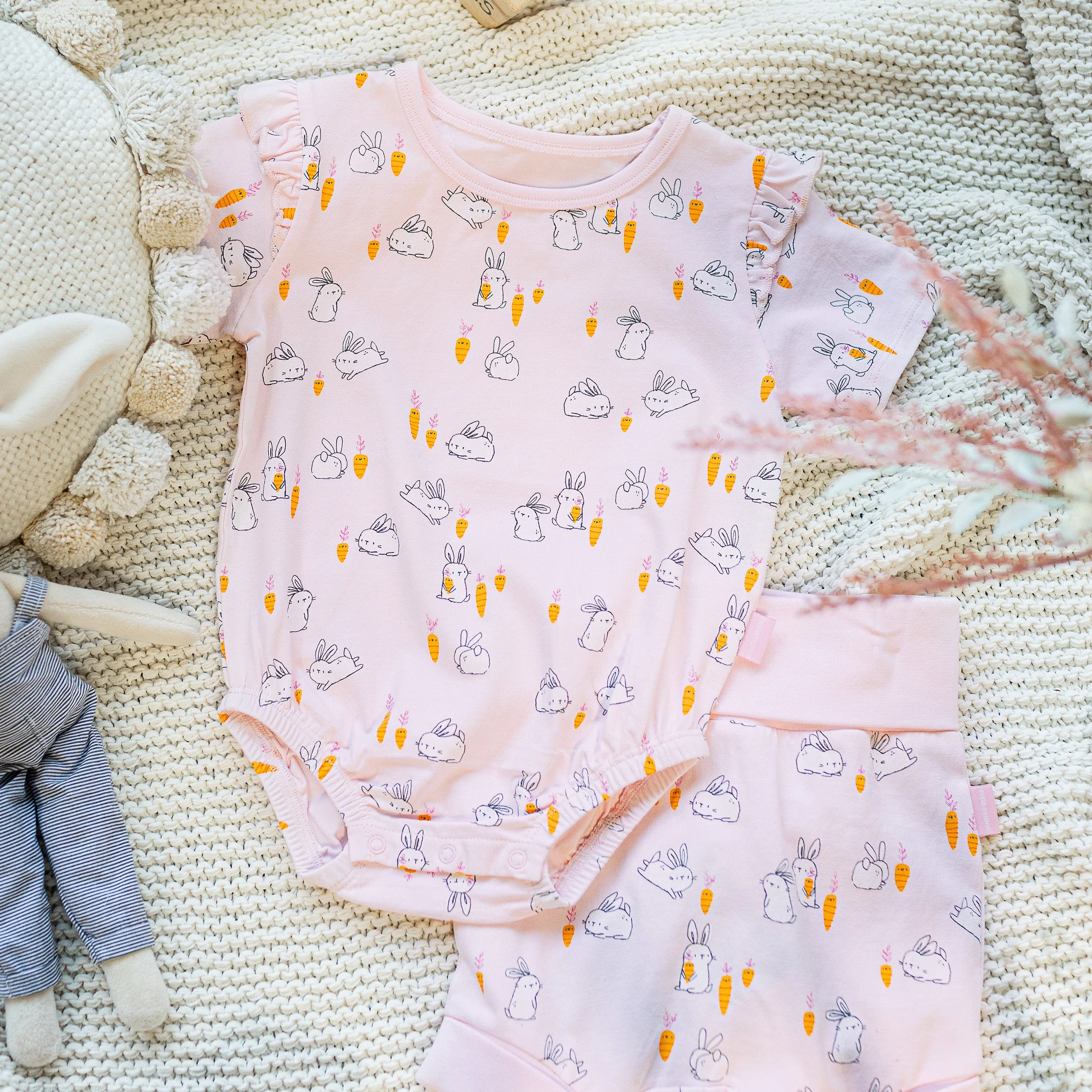 Short évolutif rose à motif de poules et de lapins en jersey doux, bébé - Image 2