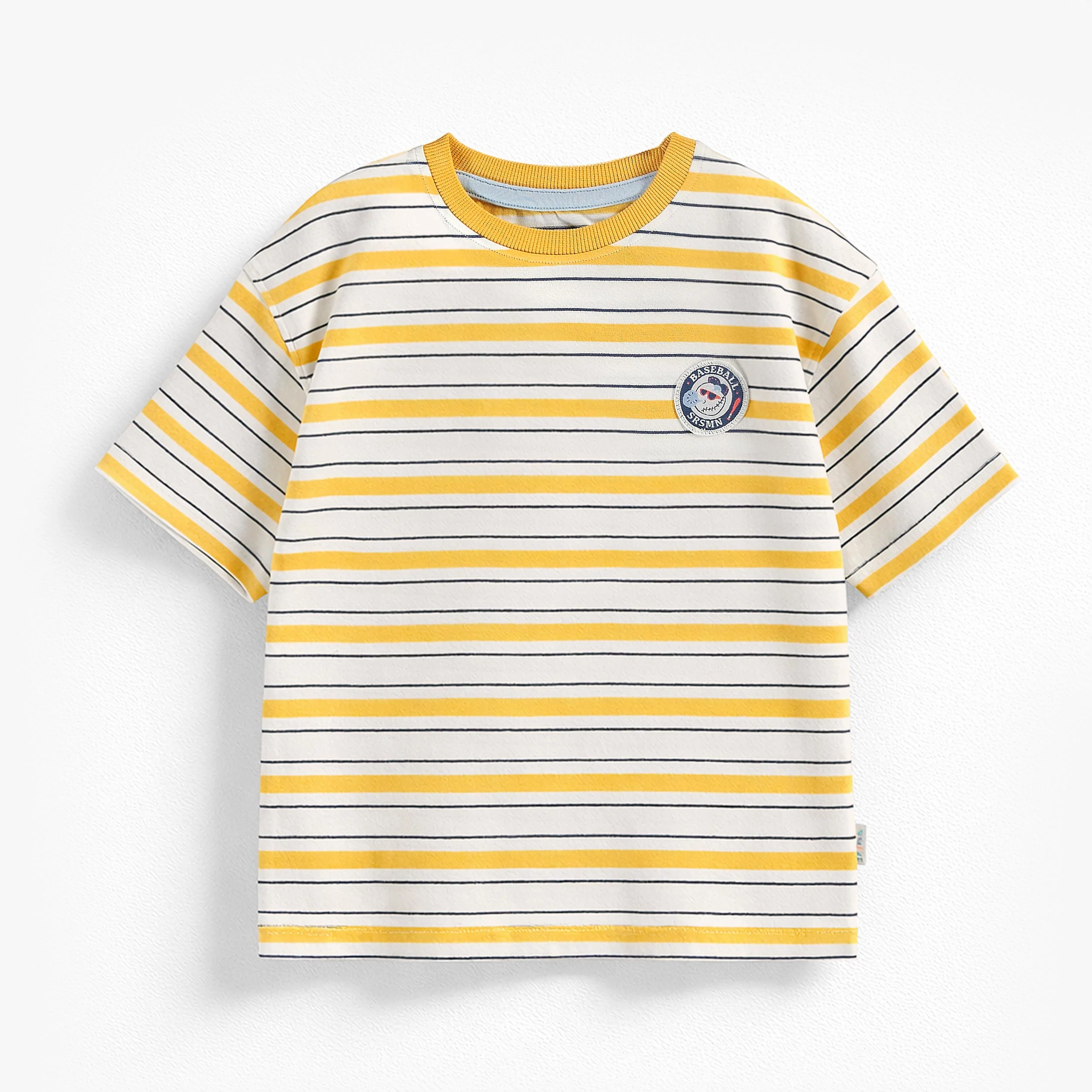 T-shirt blanc à rayures jaunes et bleu marine, enfant