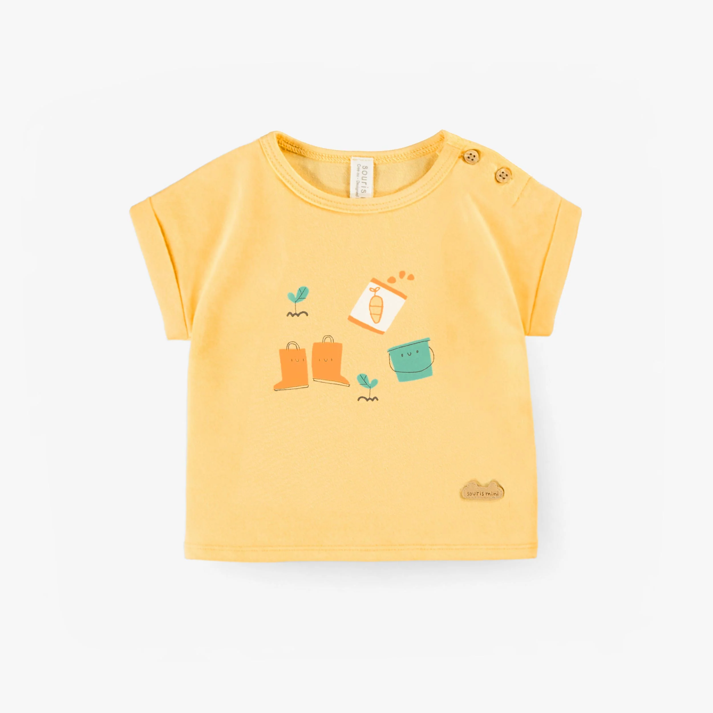 T-shirt jaune avec illustration, naissance