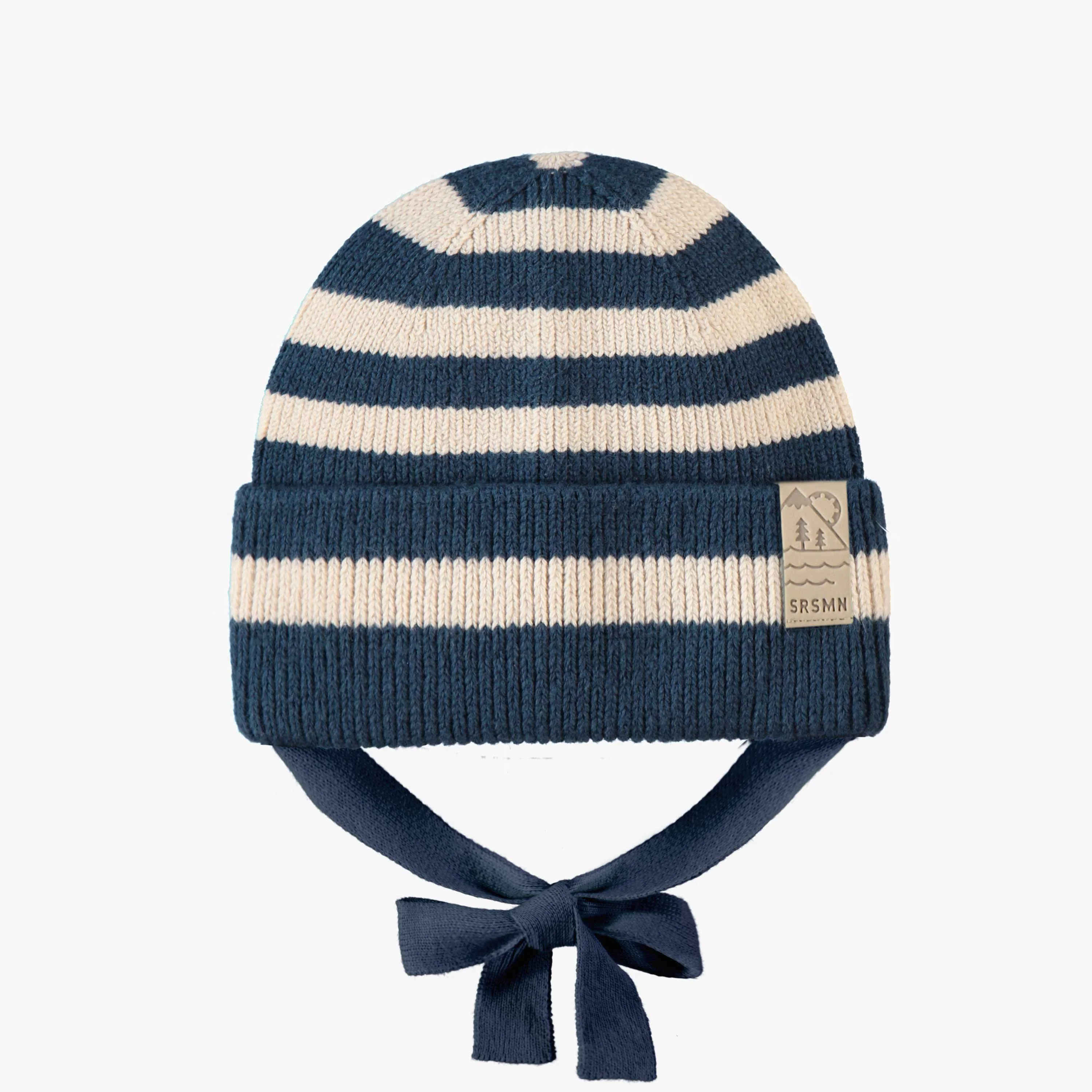 Tuque crème et bleu marine en tricot avec rayures, bébé