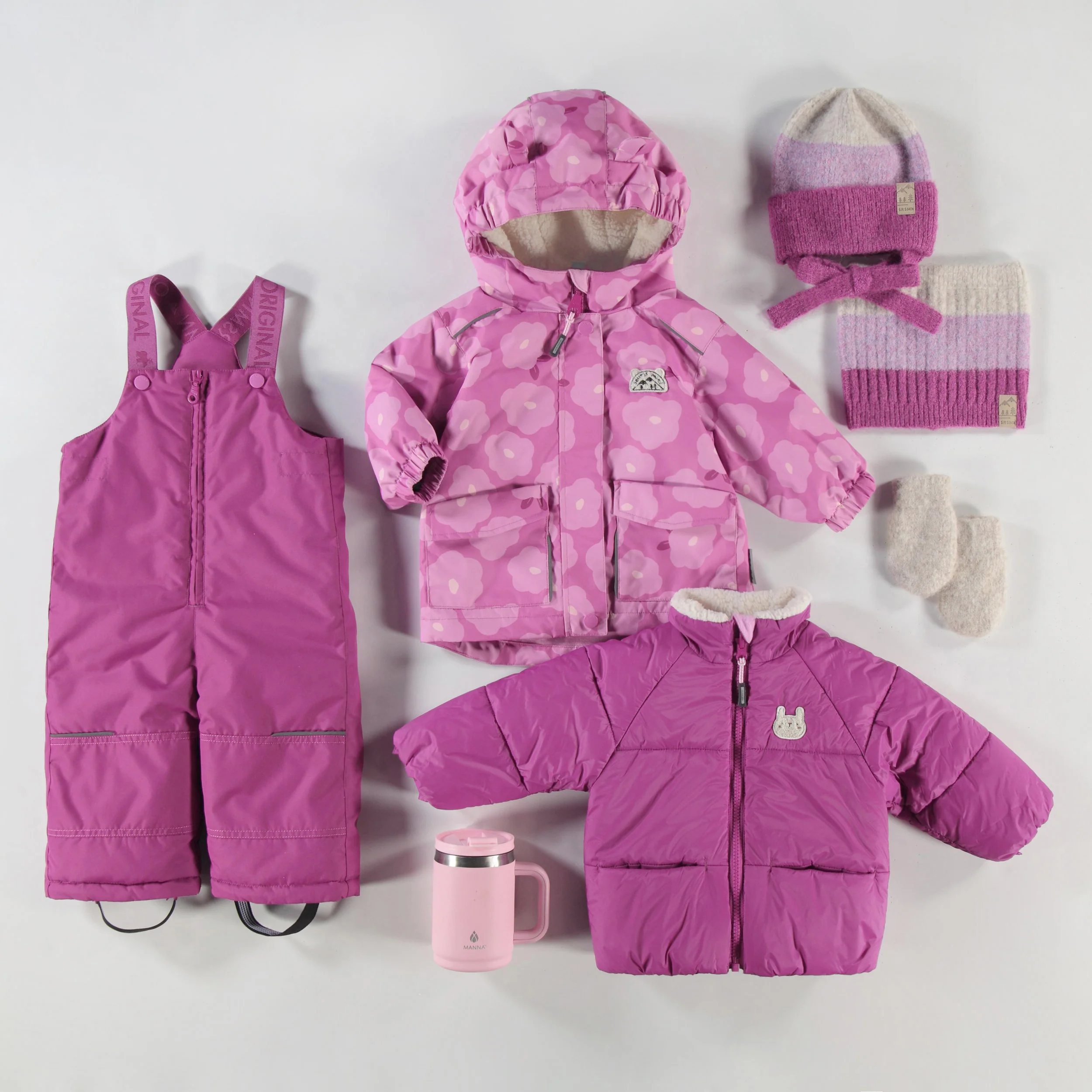 Tuque crème et mauve en tricot avec rayures, bébé - Image 2