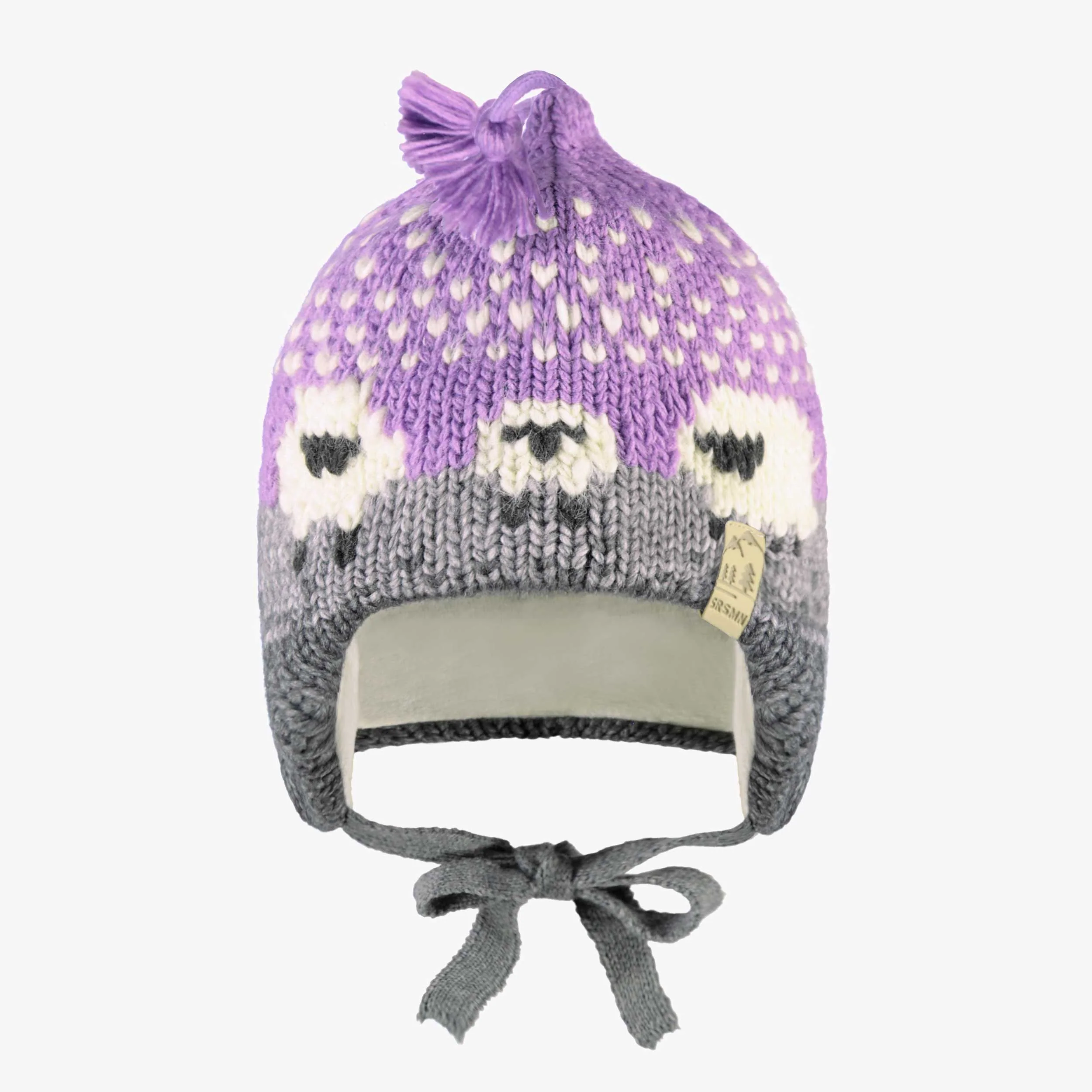 Tuque mauve en tricot avec moutons, bébé