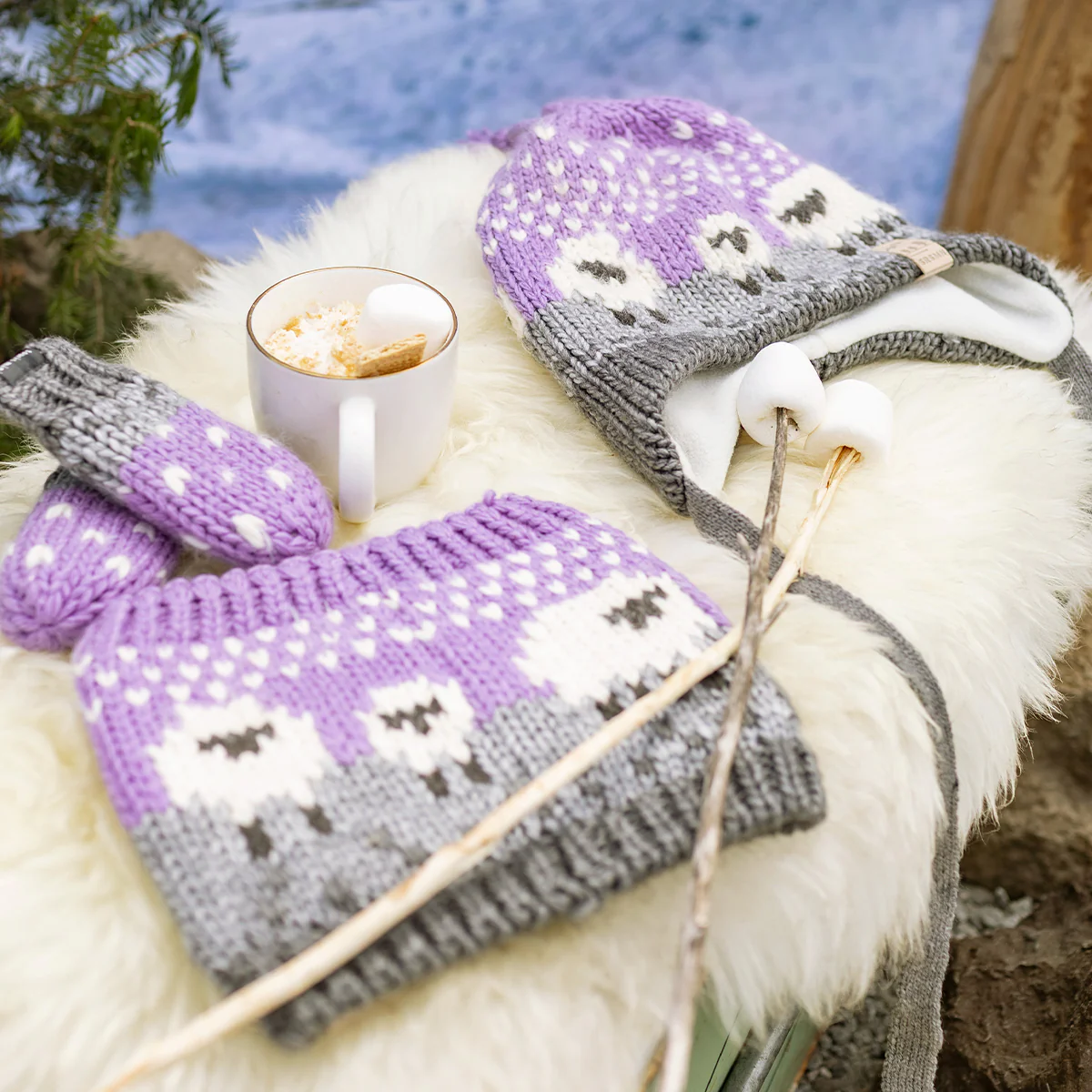 Tuque mauve en tricot avec moutons, bébé - Image 4