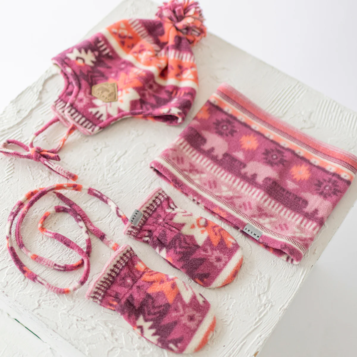 Tuque rose en polar avec motifs, bébé - Image 2