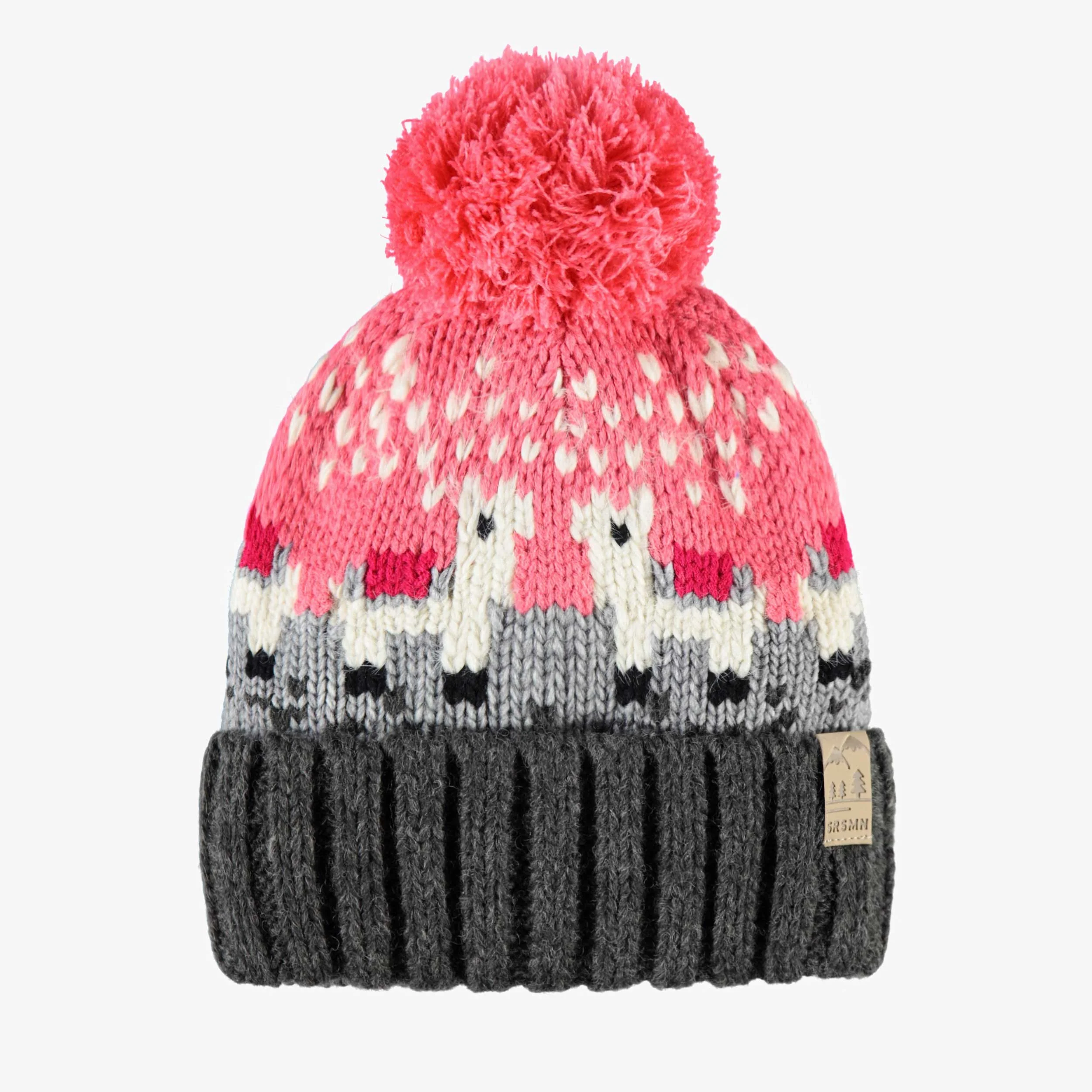 Tuque rose et gris en tricot avec lamas, enfant