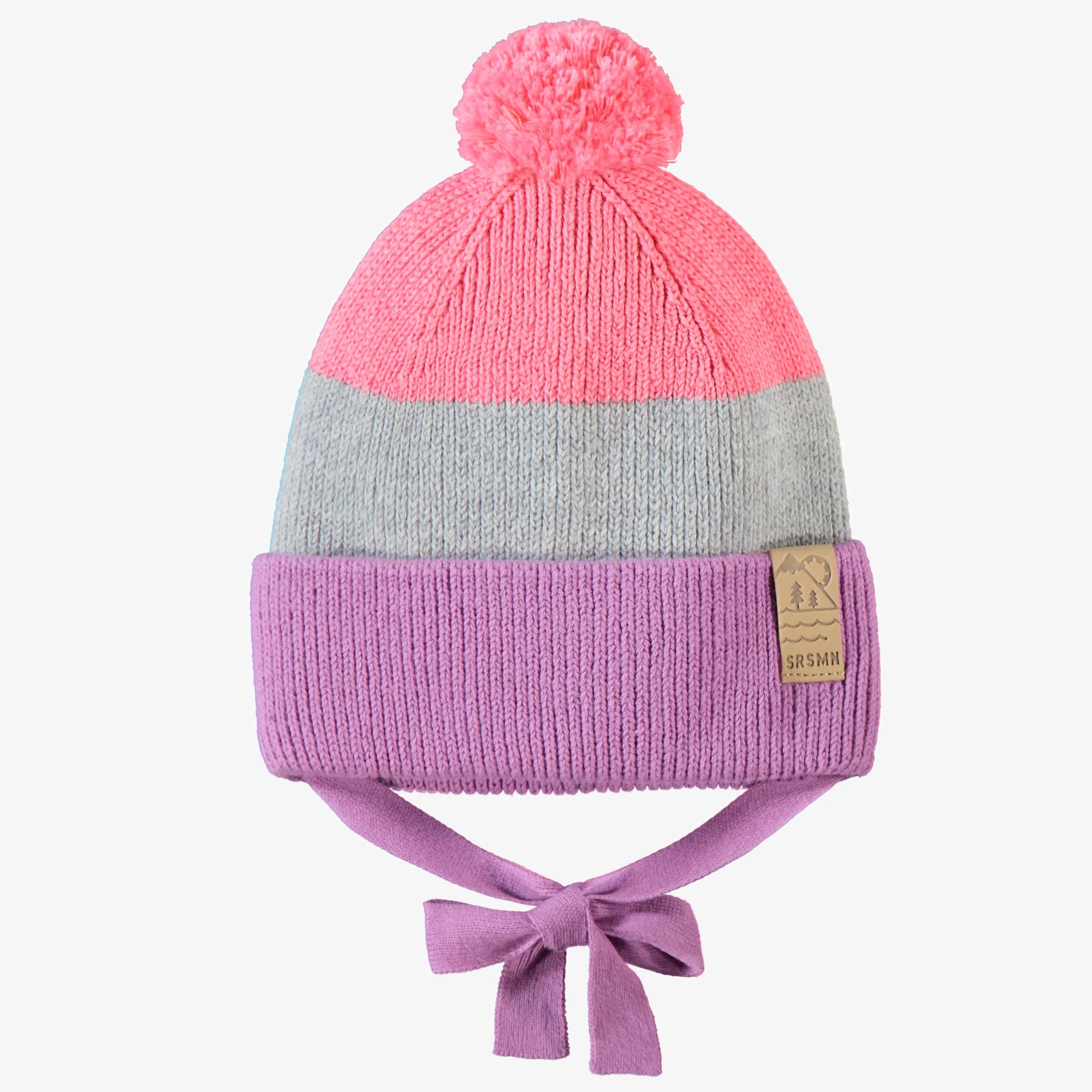 Tuque rose, gris et mauve en tricot, bébé
