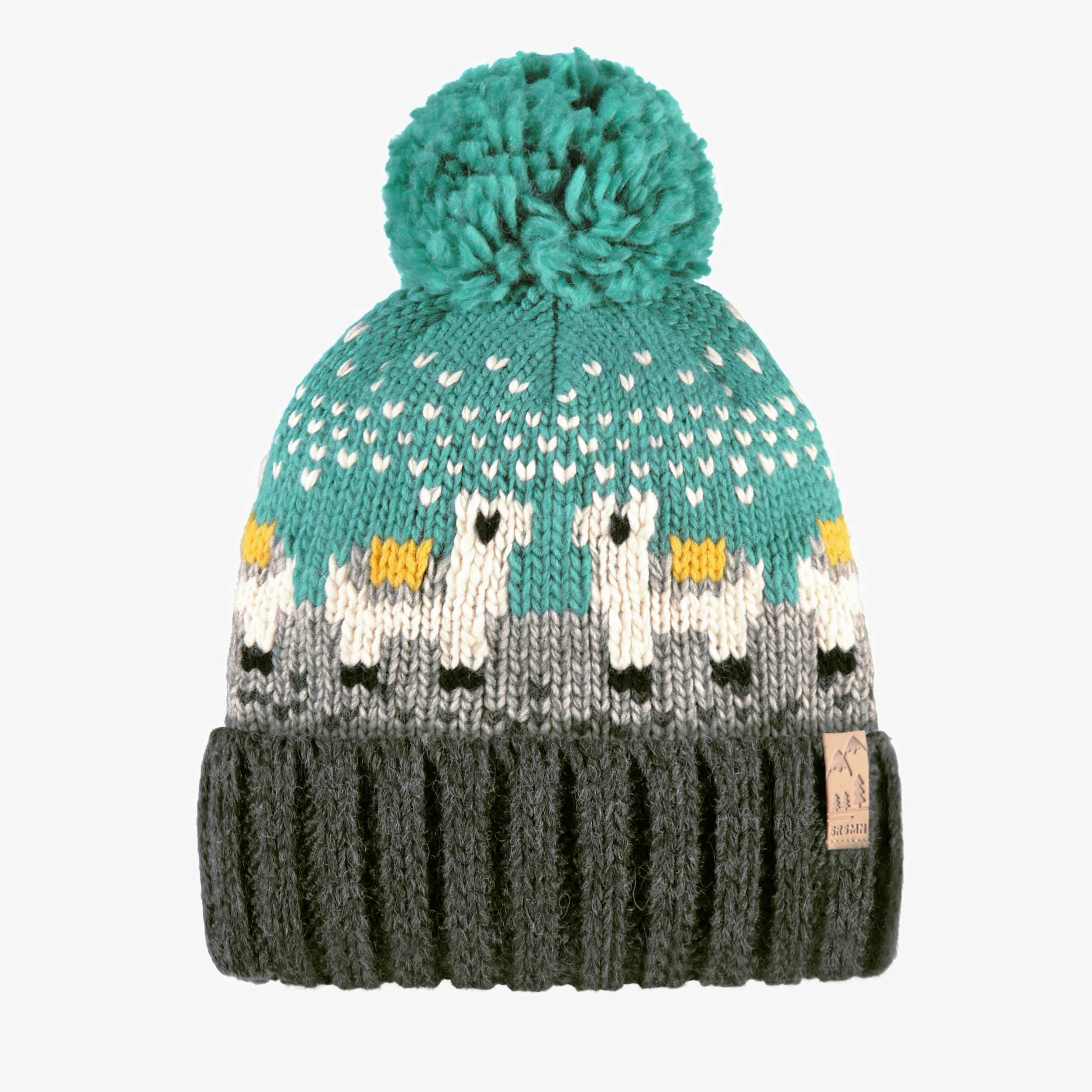 Tuque turquoise et gris en tricot avec lamas, enfant