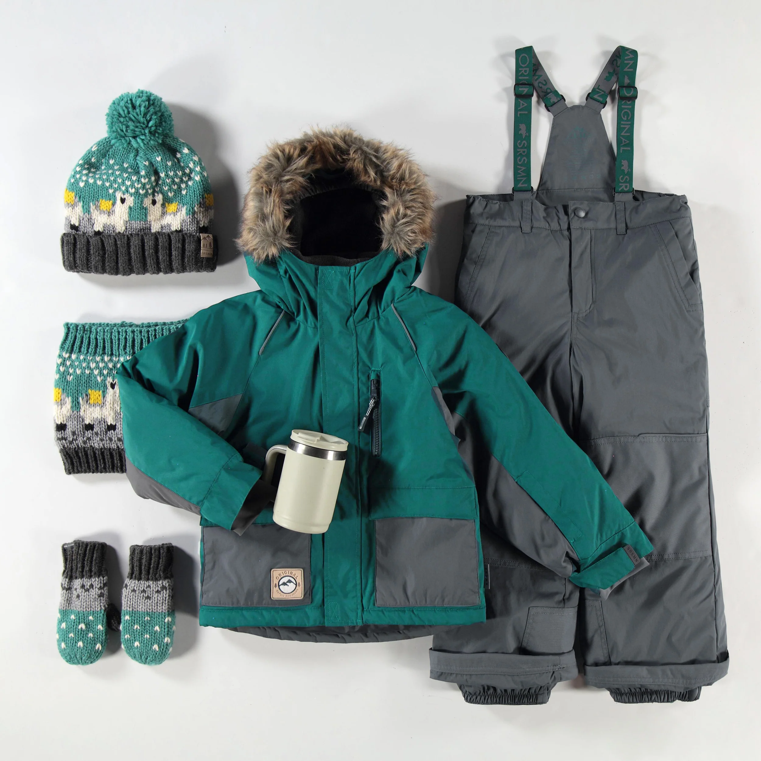 Tuque turquoise et gris en tricot avec lamas, enfant - Image 2