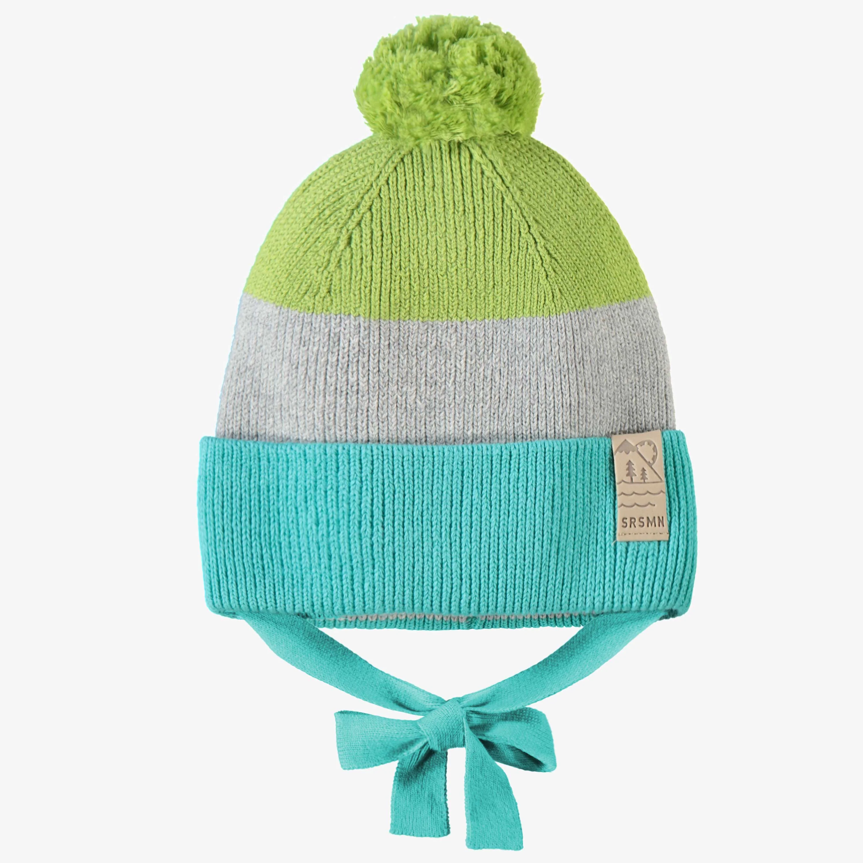 Tuque vert, gris et turquoise en tricot, bébé
