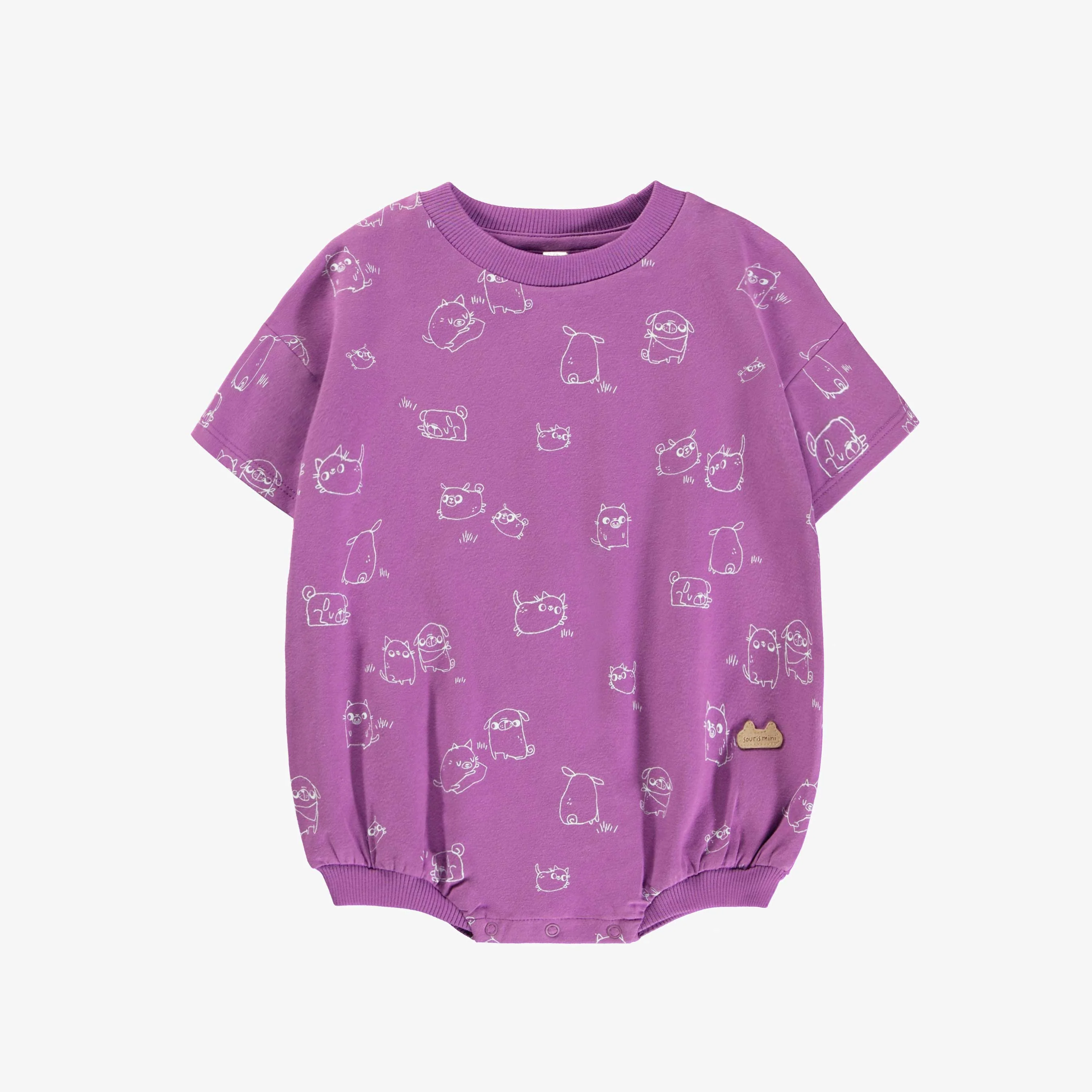 Une pièce en jersey extensible coupe ballon mauve motif de chiens, naissance