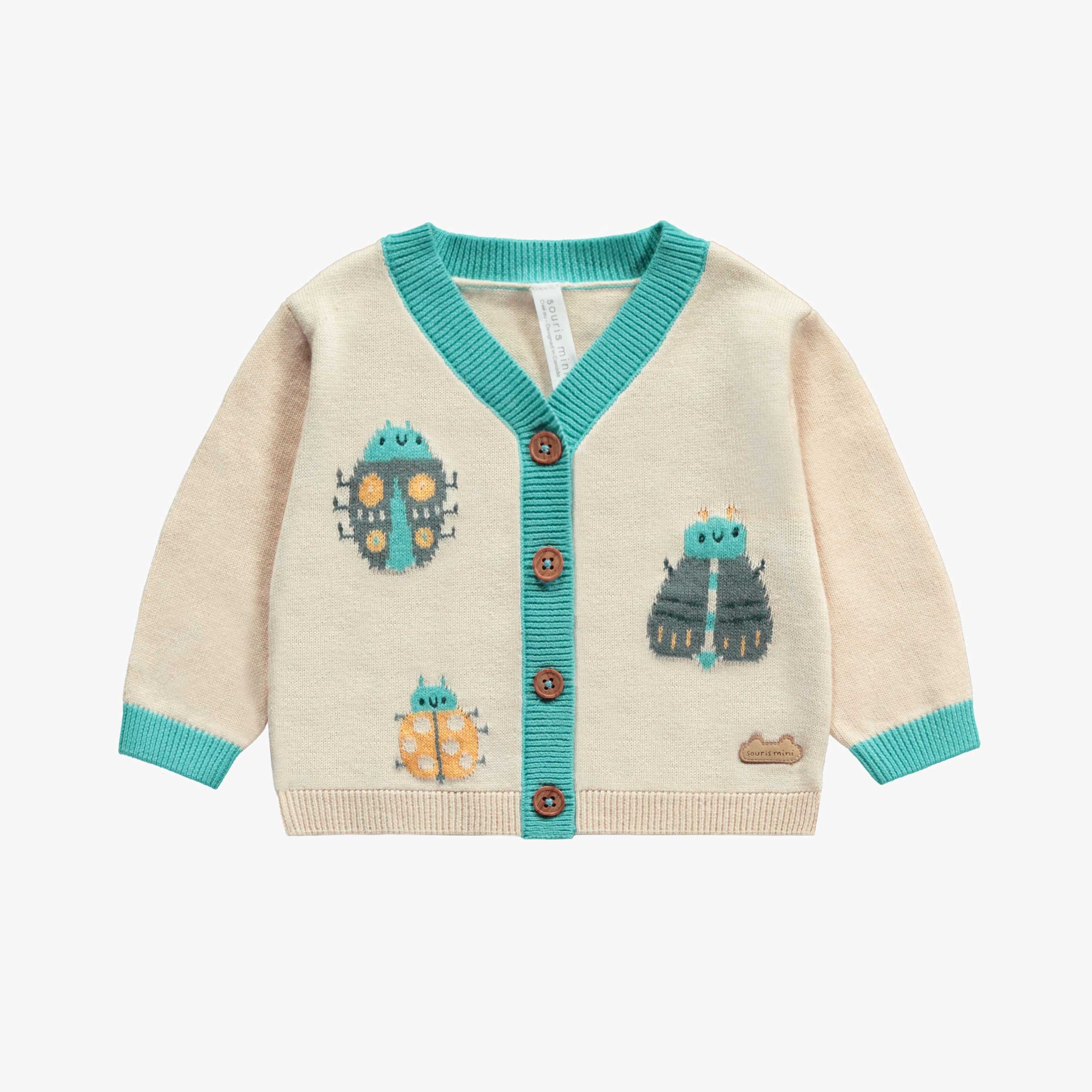 Veste de maille à manches longue crème avec motif jacquard d’insectes, naissance
